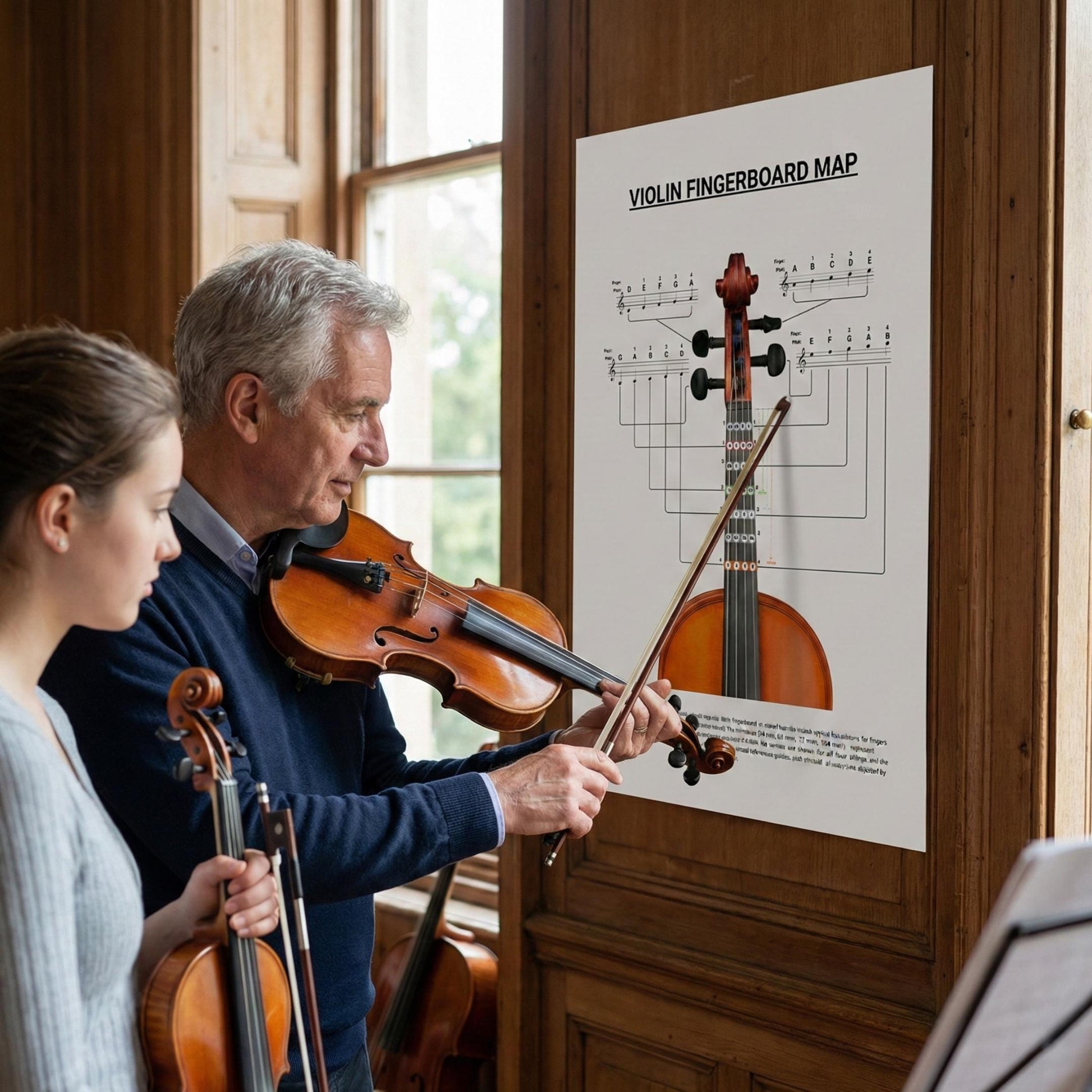 Violin Fingerboard Map – First Position Fingering Chart with Distances | C Major Notes Highlighted | Printable Violin Diagram PDF