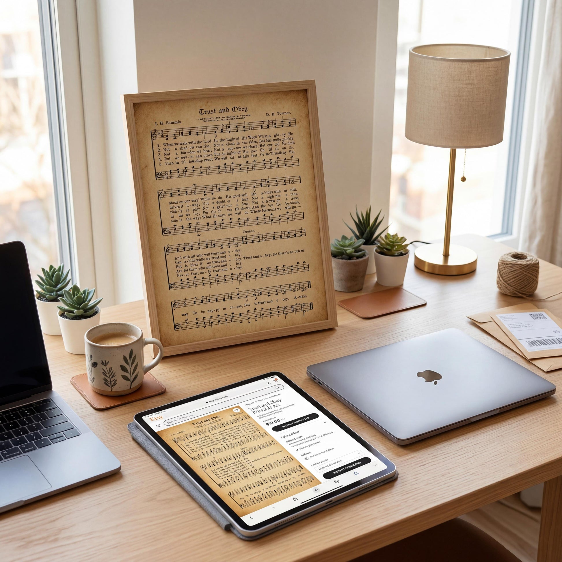 a wooden desk with various items on it, including a framed sheet of music, a laptop, a tablet, a lamp, and some potted plants.