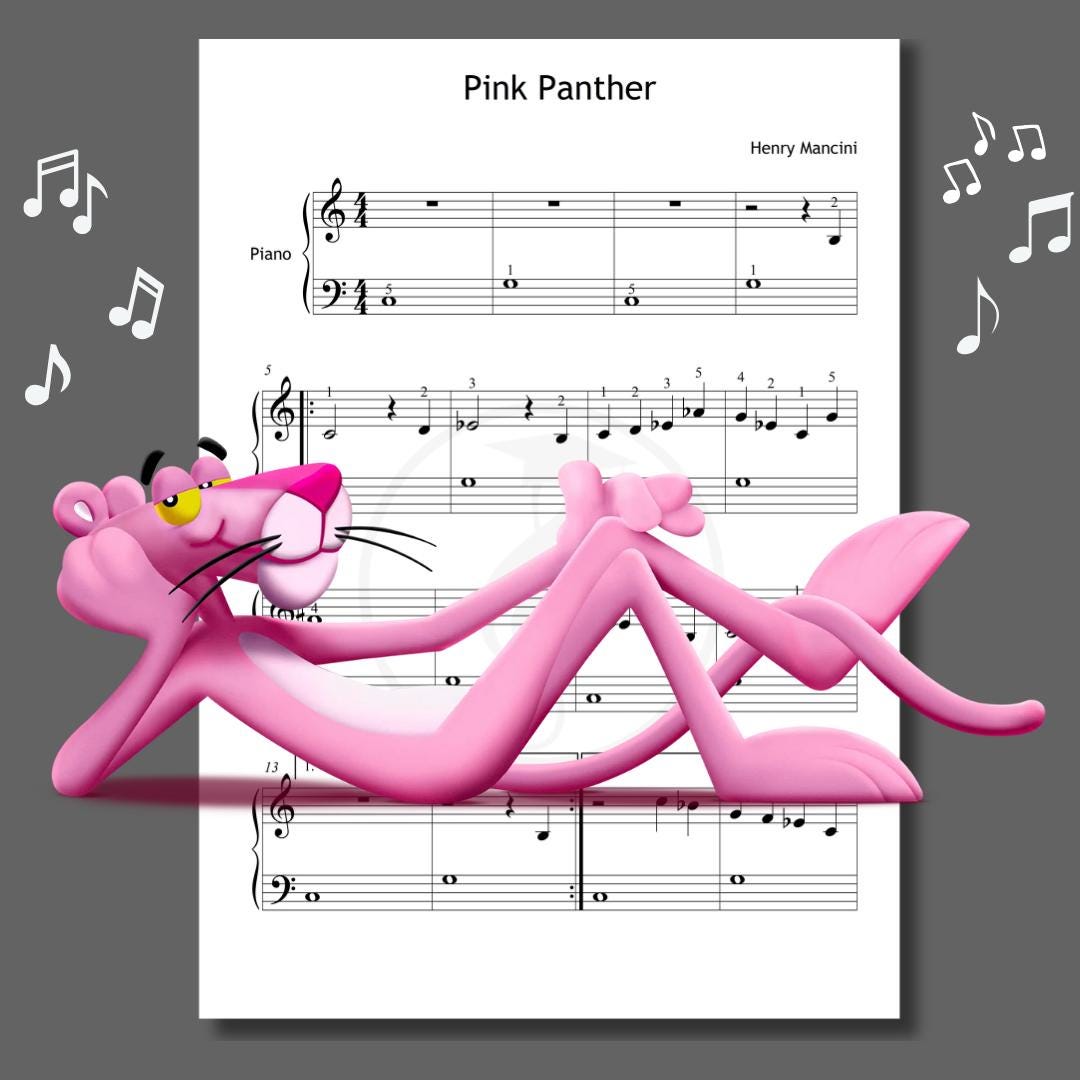 Pink Panther Theme - Grade 1 Download Piano Sheet PDF with Finger Numbers, Note Names, MP3 & Video | Educational Edition Pink Panther Theme by Henry Mancini downloadable and simplified piano sheet music PDF shown in a Grade 1 educational layout with finger numbers, color-coded notes, and note-name versions based on handwritten manuscript references, designed for young beginners with MP3 and video support.