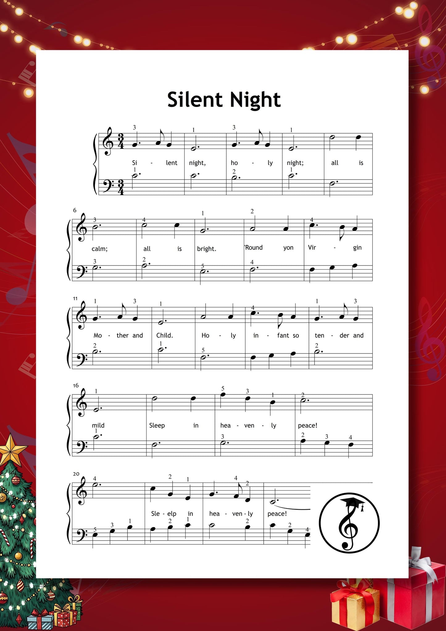 Christmas Piano Album for Kids – 30 beginner songs: Jingle Bells, Deck the Halls, Silver Bells, The First Noel, O Christmas Tree, Hallelujah, Joy to the World, O Holy Night, Silent Night, and White Christmas. Easy piano printable PDF with lyrics and finger numbers, ideal Christmas piano gift and beginner learning resource.