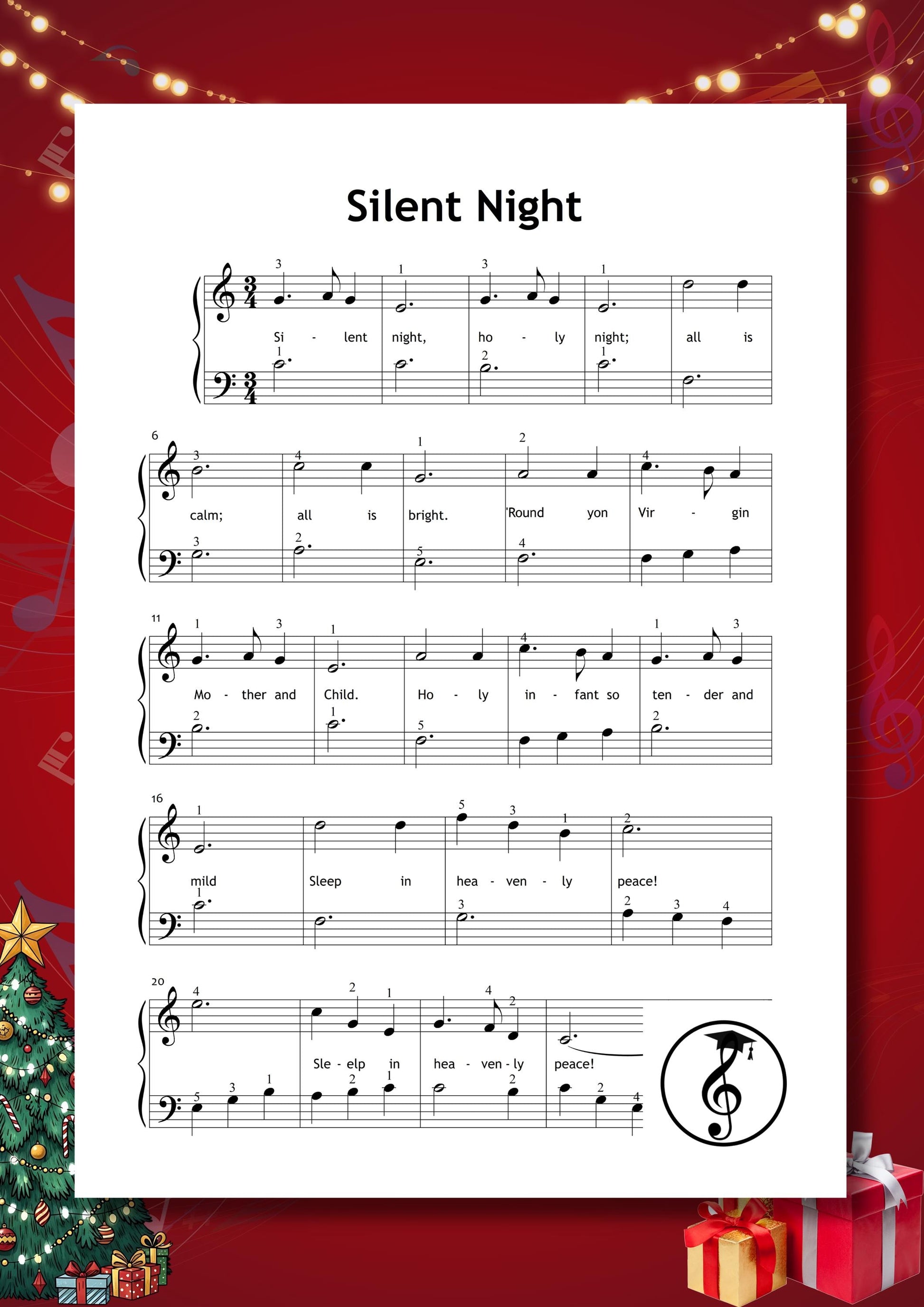 Christmas Piano Album for Kids – 30 beginner songs: Jingle Bells, Deck the Halls, Silver Bells, The First Noel, O Christmas Tree, Hallelujah, Joy to the World, O Holy Night, Silent Night, and White Christmas. Easy piano printable PDF with lyrics and finger numbers, ideal Christmas piano gift and beginner learning resource.