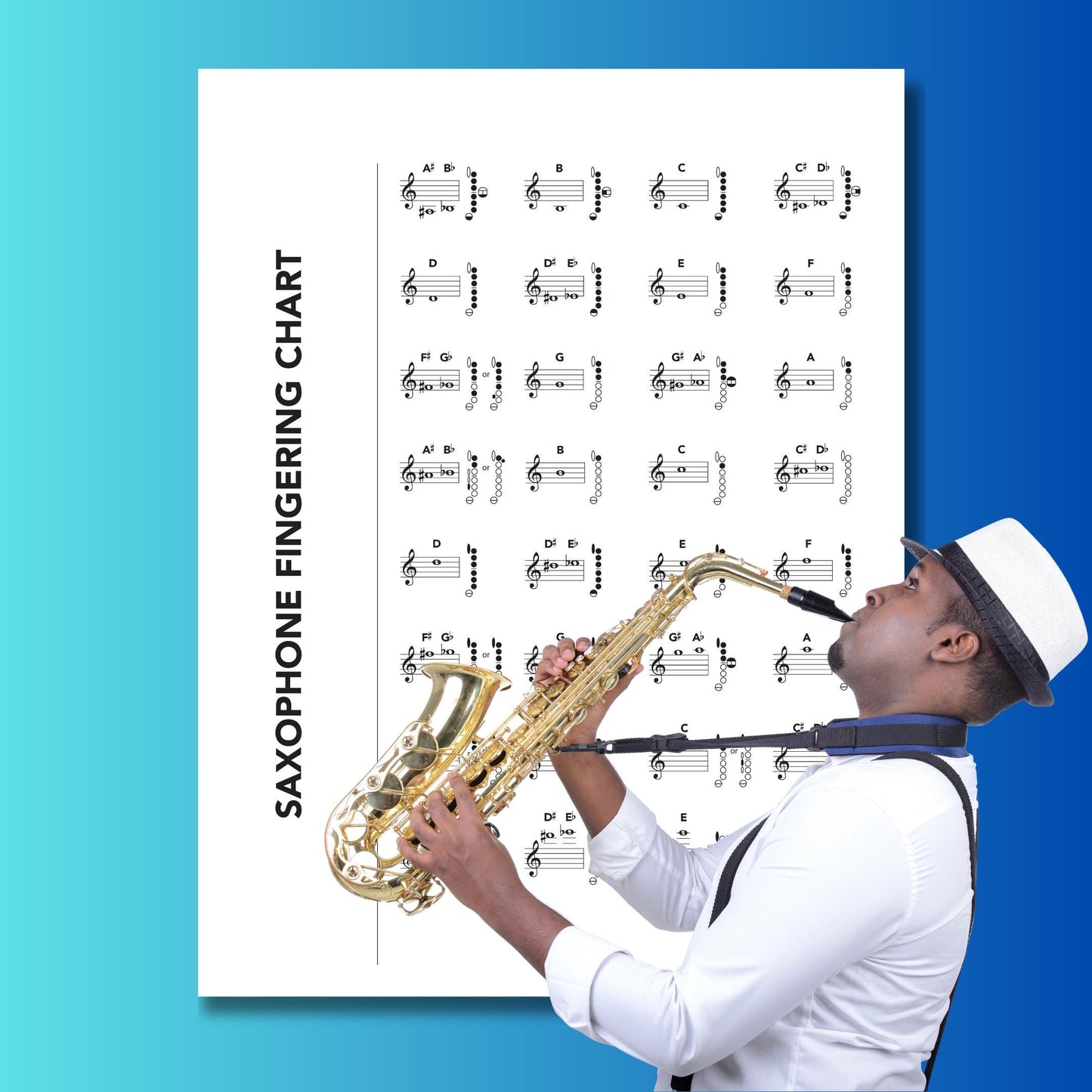 Saxophone Fingering Chart Set printable PDF and PNG digital download, complete 4-in-1 bundle including Alto, Tenor, Baritone, and Soprano saxophone charts, each designed as a clear single-page guide with accurate fingerings, perfect for beginners, band students, teachers, and professional players.