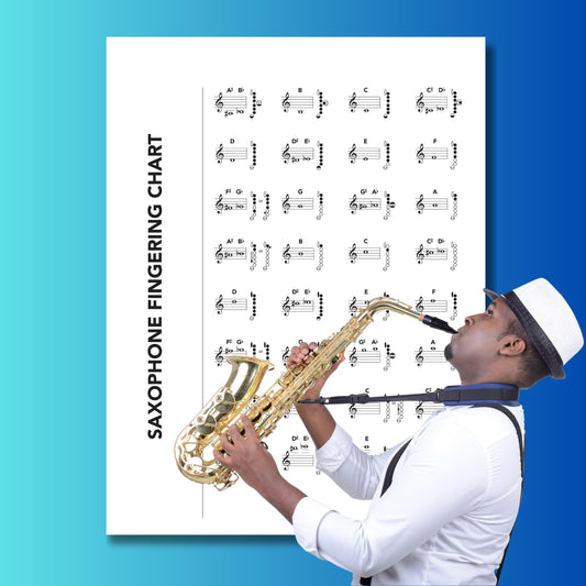 Saxophone Fingering Chart Set printable PDF and PNG digital download, complete 4-in-1 bundle including Alto, Tenor, Baritone, and Soprano saxophone charts, each designed as a clear single-page guide with accurate fingerings, perfect for beginners, band students, teachers, and professional players.