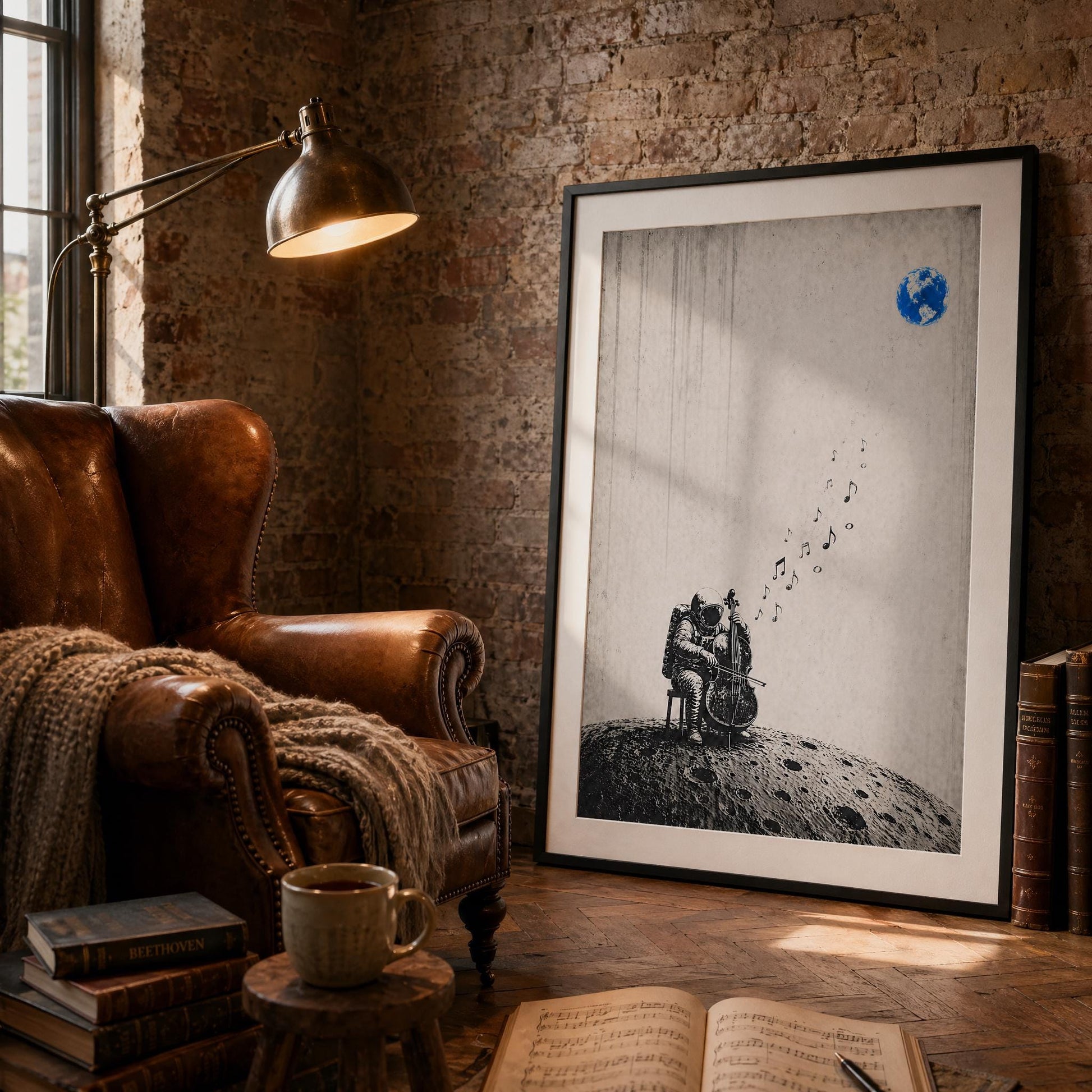 Surreal astronaut cello wall art printable moon scene with fading musical notes and emotional concept design, high-resolution download for music studios and modern homes