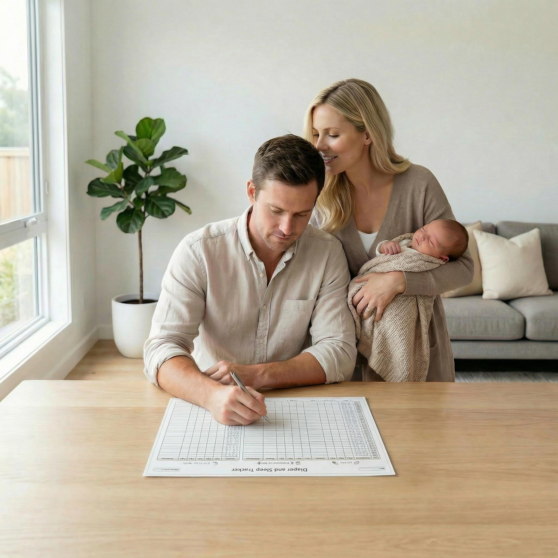 Baby Daily Tracker printable log pages displaying hourly feeding amounts, diaper notes, and sleep schedules in a calm, parent-friendly design optimized for baby care organization.