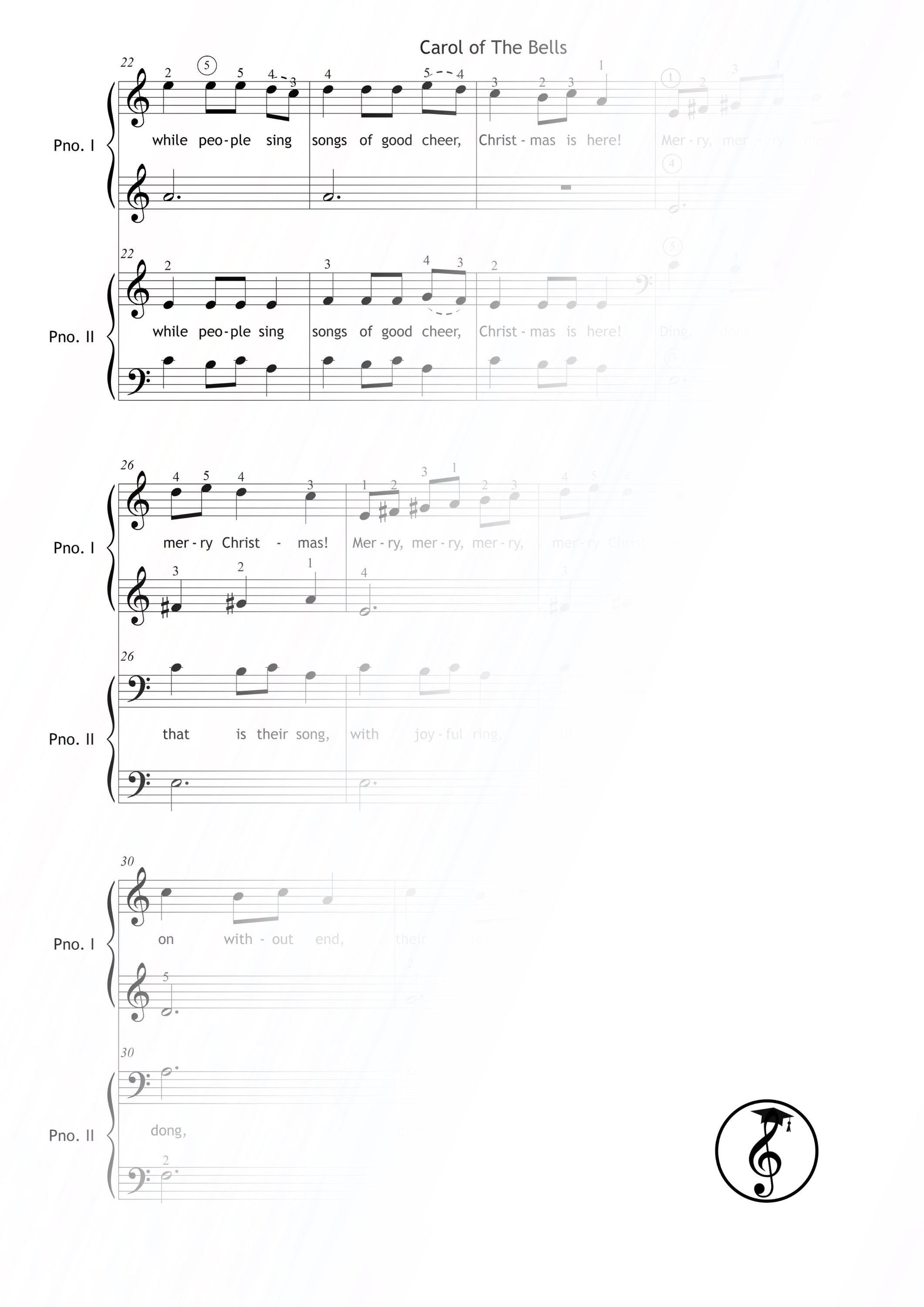 Carol of the Bells by Mykola Leontovych downloadable and simplified piano sheet music PDF in a Grade 1 four-hand duet format, including color notes, letter names, finger numbers, tablet-friendly PNGs, MP3 demo, and an AI-supported guided MP4 lesson ideal for Christmas practice.
