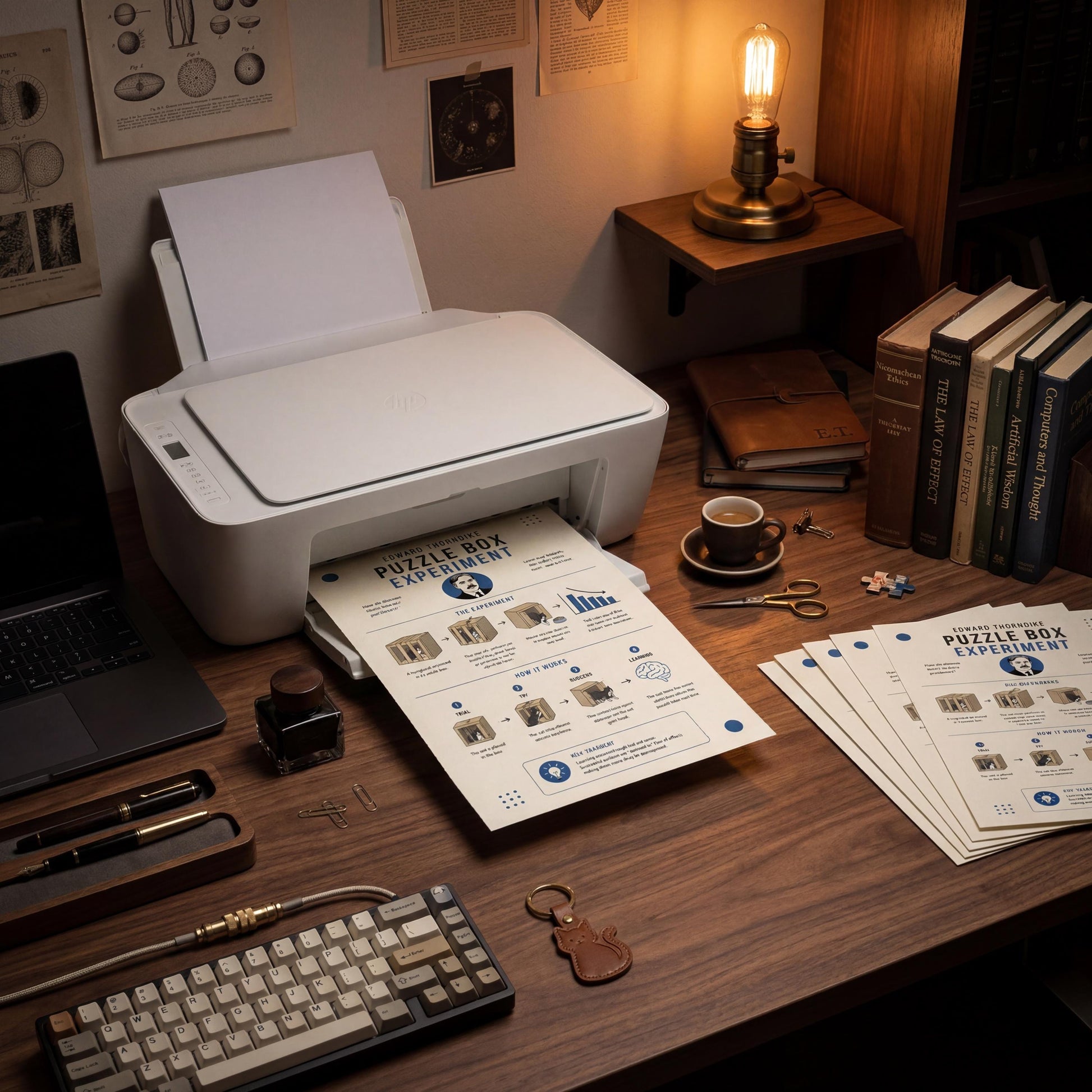a well-organized workspace with various office supplies and equipment, including a printer, a laptop, books, a lamp, and a keyboard.