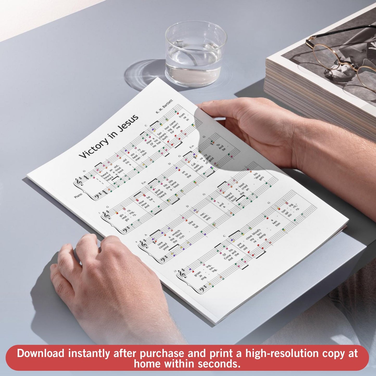 Gospel hymn Victory in Jesus arranged for SATB choir with piano. Includes printable PDF with lyrics. Ideal for Sunday services, choirs, and faith-based programs.