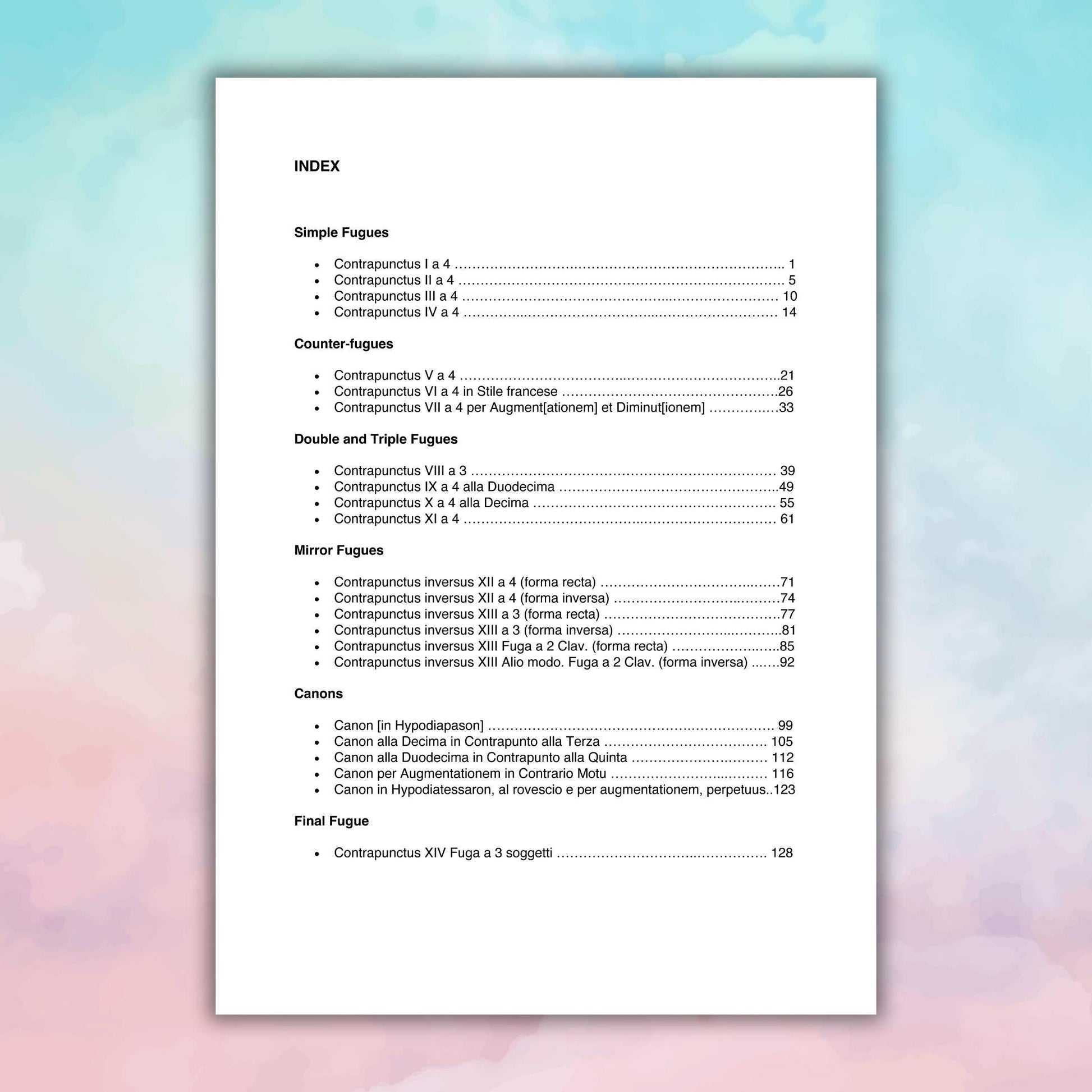 Johann Sebastian Bach The Art of Fugue BWV 1080 complete piano score, 140-page digital sheet music PDF and PNG files, premium engraving with balanced spacing for easy page turns, a vital resource for performers, advanced piano students, and teachers of Baroque counterpoint.