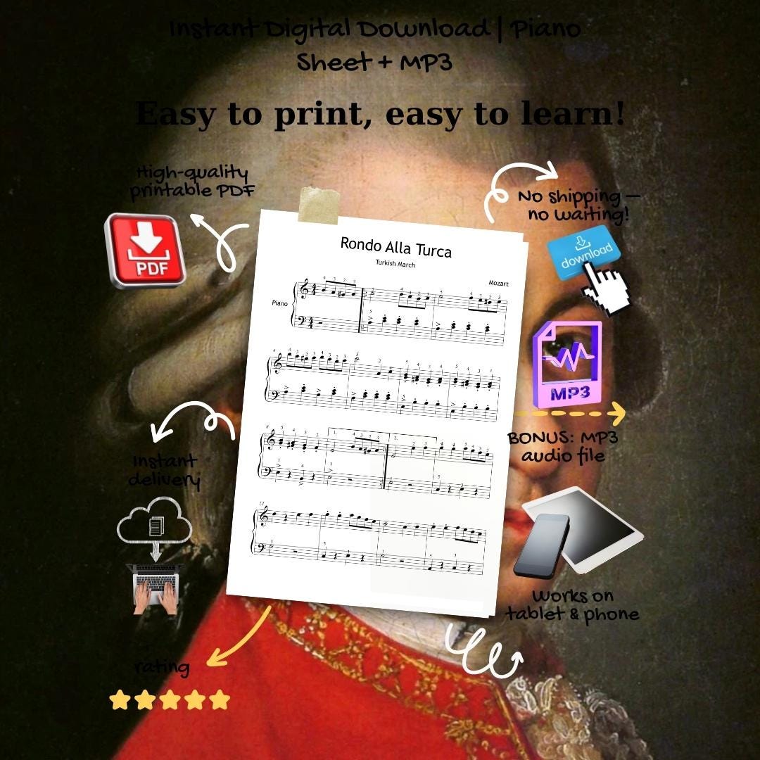 Alla Turca Turkish March simplified for piano, Grade 3 sheet music PDF with letter notes, finger numbers, and MP3 demo, printable easy classical score for learning.