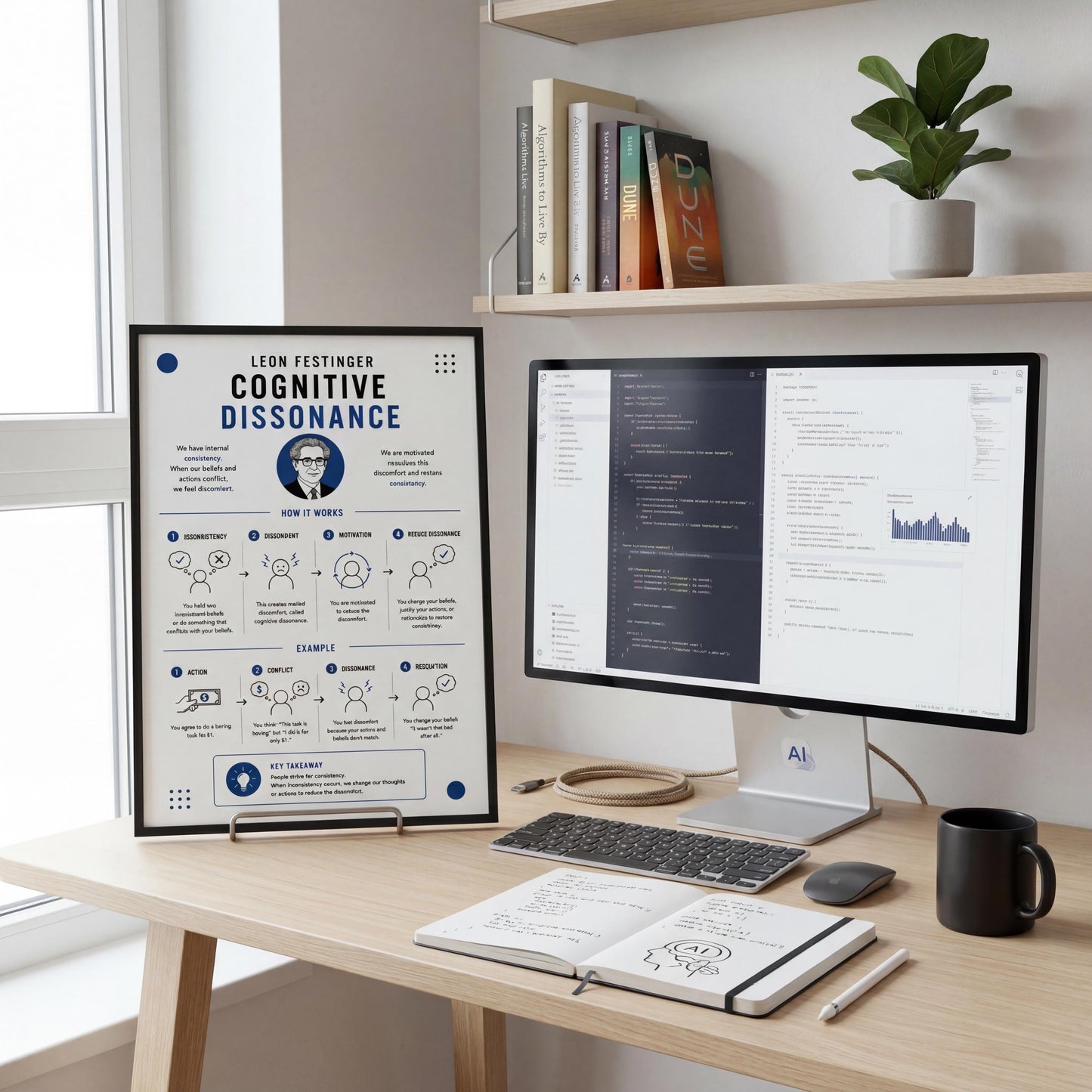a workspace with a computer monitor, keyboard, and mouse on a desk. There is a poster or presentation board displaying information about cognitive dissonance, and a plant is placed on a shelf above the desk.
