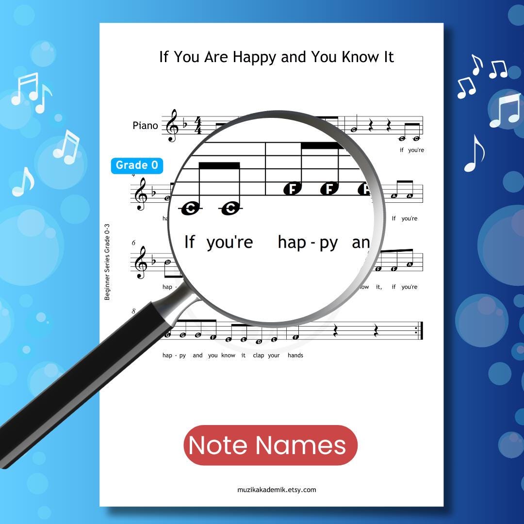 If You Are Happy and You Know It - Easy Piano Sheet Music | Grade 0 | Kids Song PDF MP3 Video
If You Are Happy and You Know It traditional downloadable and simplified piano sheet music PDF presented as a Grade 0 easy score featuring large notes, finger-number guidance, bright color-coded notation, and note-name support, all aligned with manuscript accuracy for first-time learners.
