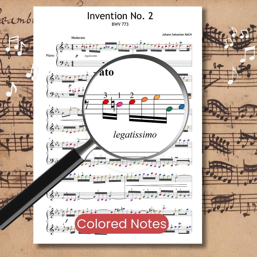 Color-coded Invention No.2 layout designed for enhanced visual analysis of voice independence and movement across the hands. Great for reinforcing structure and articulation.