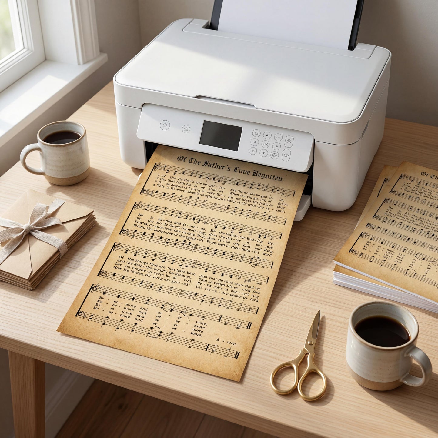 A printer is printing sheet music on a wooden desk, accompanied by coffee cups, a pair of scissors, and other office supplies.