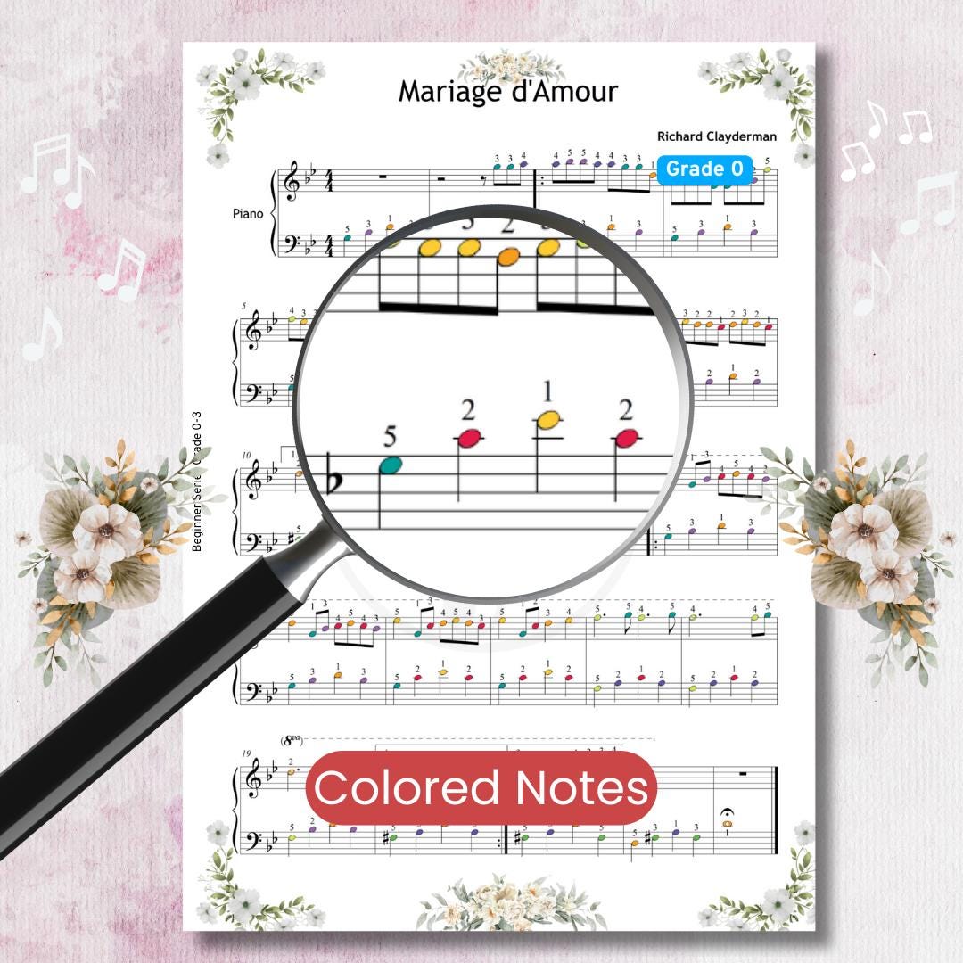 Marriage D'Amour easy piano sheet music PDF cover image showing Grade 3 arrangement by Richard Clayderman with icons for colored notes, note names, MP3 audio, demo video, instant digital download, and tablet compatibility.