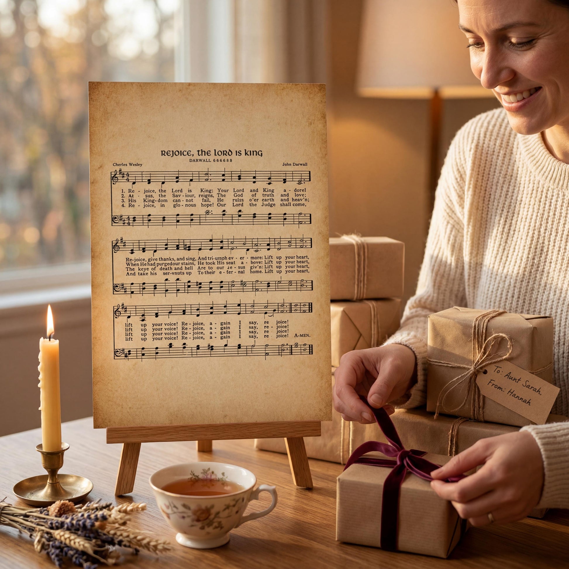 A woman is wrapping a gift with a purple ribbon, standing next to a lit candle and a sheet of music on a wooden table.