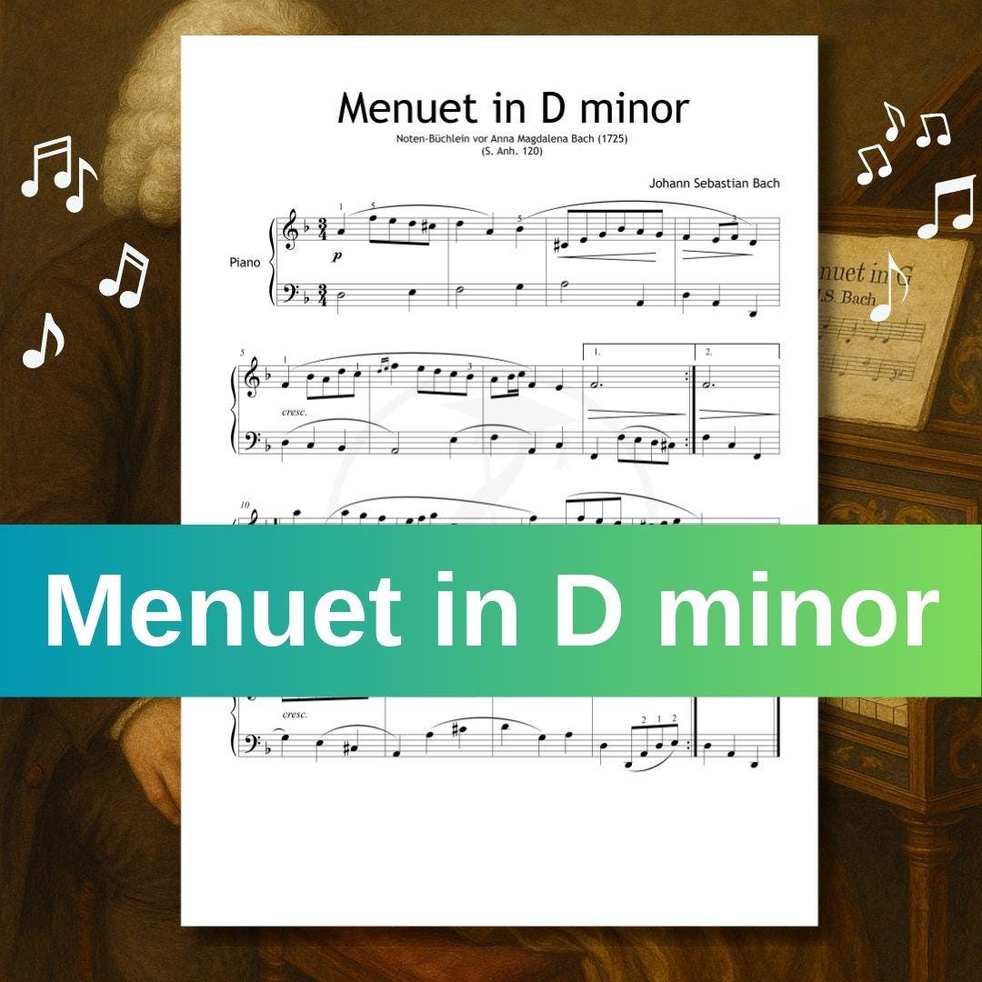 Menuet in D Minor by Johann Sebastian Bach – downloadable and simplified piano sheet music PDF from the Anna Magdalena Notebook. This educational edition includes multiple beginner-friendly formats and is ideal for structured piano training in conservatories and private lessons.