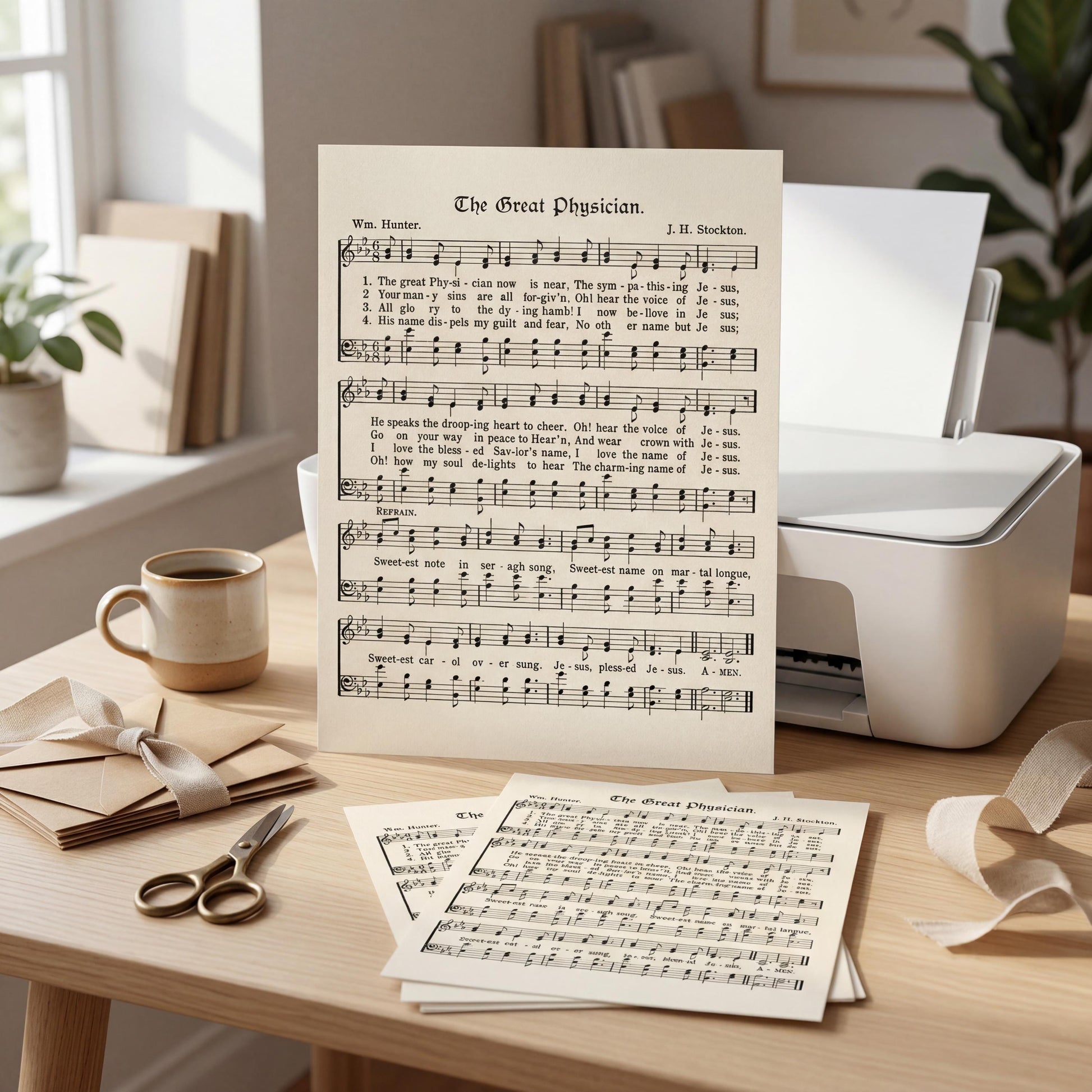 a sheet of music titled "The Great Physician" displayed on a wooden desk, with a printer, coffee mug, scissors, and other office supplies in the background.