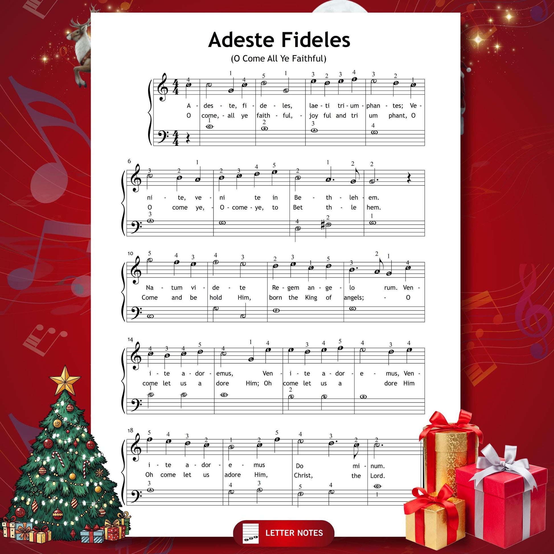 Adeste Fideles (O Come All Ye Faithful) by John Francis Wade downloadable and simplified piano sheet music PDF offers personalised and eco-friendly Christmas printables inspired by Christmas gifts 2025, providing Grade 1 lyrics, finger numbers, color-coded notes and note-name versions perfect for festive school or home recitals.