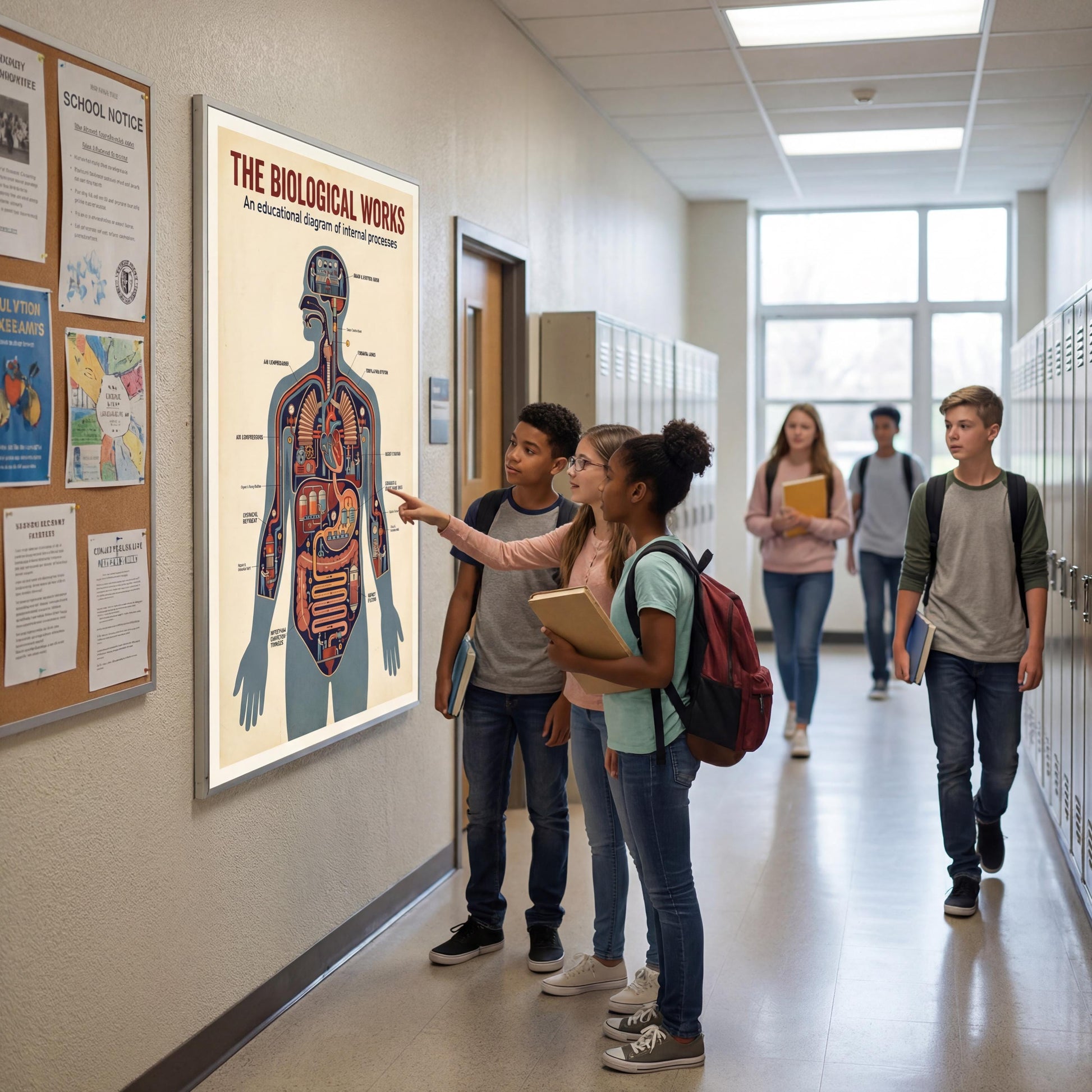 Human body mechanical anatomy poster printable with a retro color palette and technical illustration style, suitable for large-format printing in science labs, offices, and study rooms.