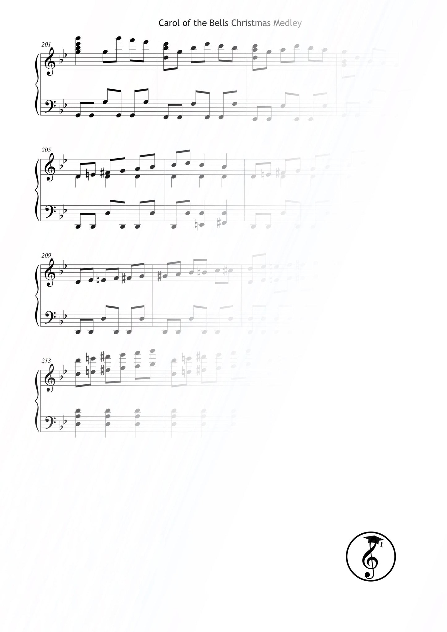 Carol of the Bells – Grade 4 piano sheet music PDF download. Traditional Christmas song arranged for intermediate pianists, rich harmonies and dynamic phrasing. Perfect for winter recitals, home practice, and festive performances. Printable and tablet-optimized edition.