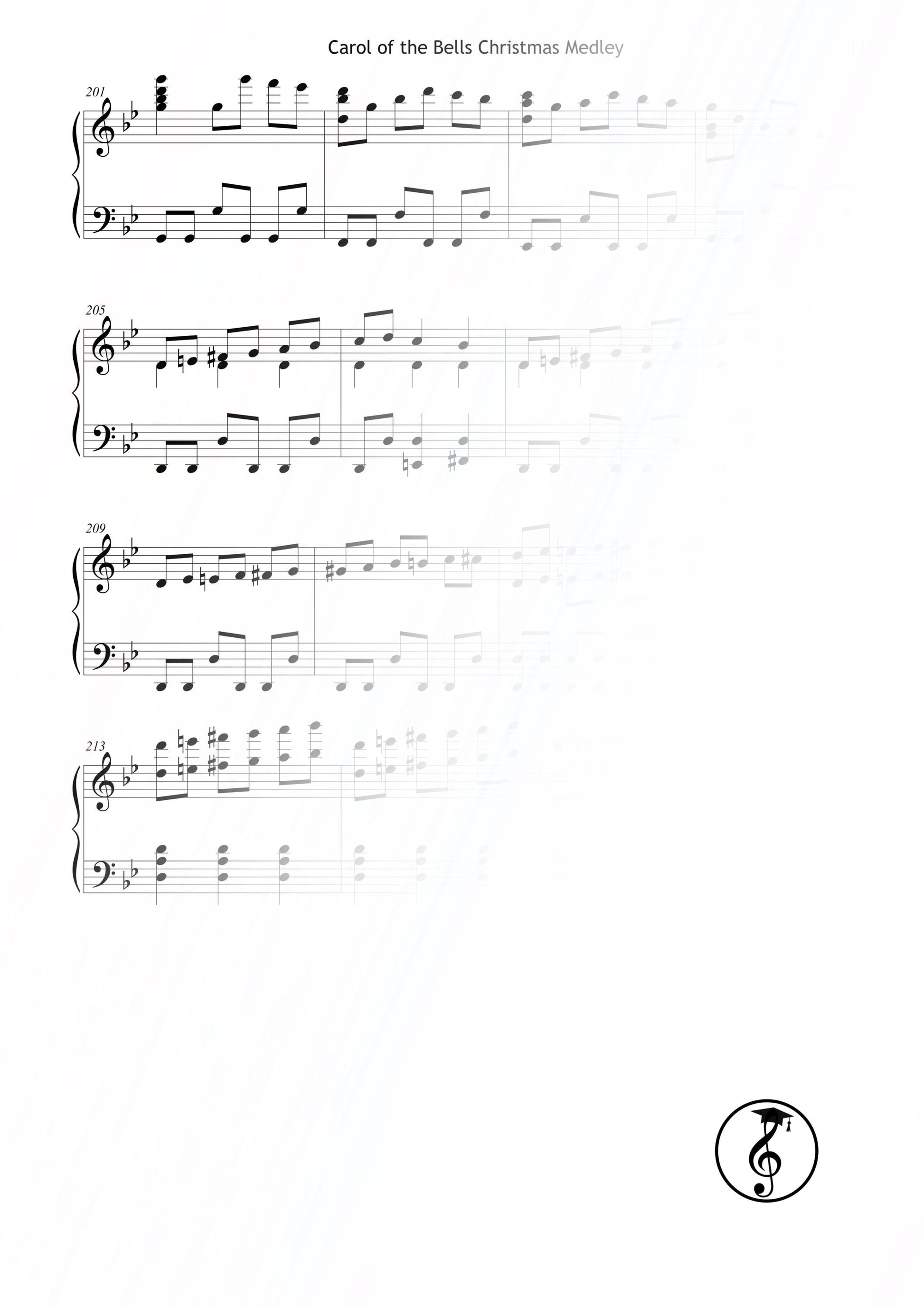 Carol of the Bells – Grade 4 piano sheet music PDF download. Traditional Christmas song arranged for intermediate pianists, rich harmonies and dynamic phrasing. Perfect for winter recitals, home practice, and festive performances. Printable and tablet-optimized edition.