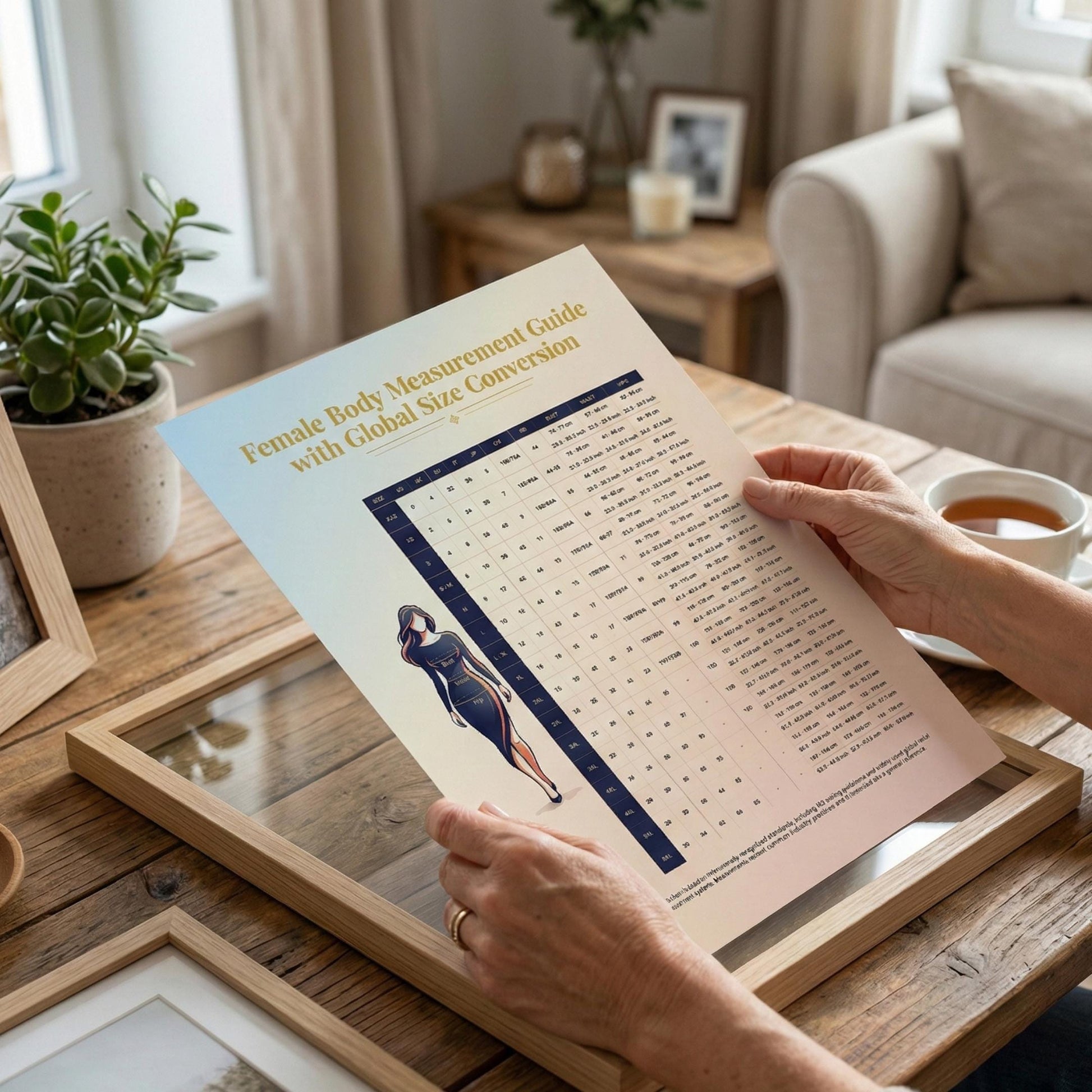 Female Body Measurement Guide with Global Size Conversion displayed in a professional fashion-reference format combining an anatomical measurement illustration with an international size table, optimized for A4 and US Letter printing.