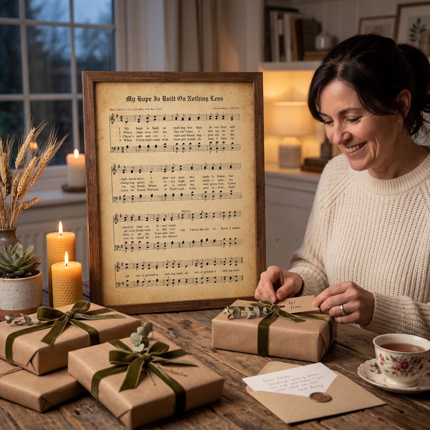 A woman is sitting at a table, smiling and wrapping a gift with a ribbon. The table also has several wrapped gifts, a cup of tea, and a framed sheet music with lyrics.