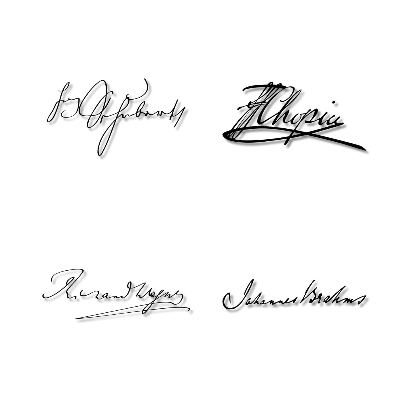 Signatures of the Great Composers wall art digital download featuring elegant printable poster of Bach, Mozart, Beethoven, Chopin, Wagner, Brahms, Tchaikovsky, Debussy, Ravel, Schubert, and Vivaldi signatures, provided as high-resolution JPG and PDF plus transparent PNG files for teaching and creative design projects.