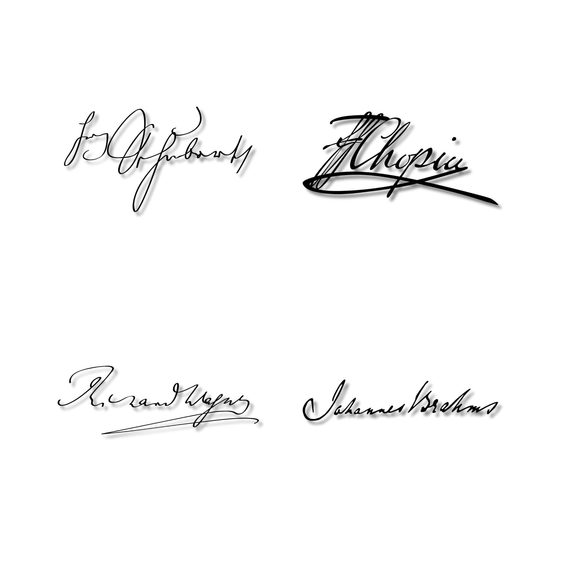 Signatures of the Great Composers wall art digital download featuring elegant printable poster of Bach, Mozart, Beethoven, Chopin, Wagner, Brahms, Tchaikovsky, Debussy, Ravel, Schubert, and Vivaldi signatures, provided as high-resolution JPG and PDF plus transparent PNG files for teaching and creative design projects.