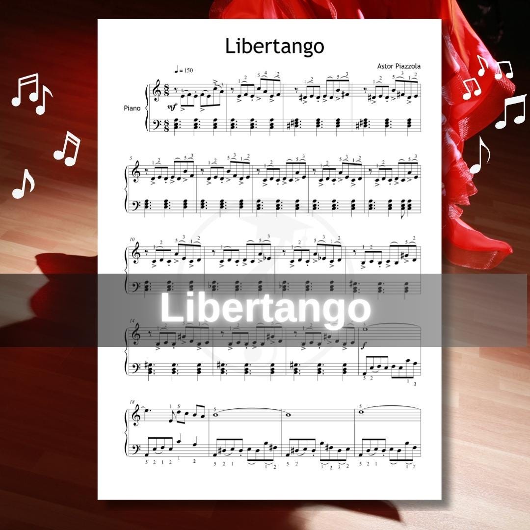 Libertango by Astor Piazzolla downloadable and simplified piano sheet music PDF presented as a Grade 5 tango arrangement featuring finger-number guidance, color-coded notation, and note-name support, all carefully engraved from manuscript references for stylish Latin performance practice.