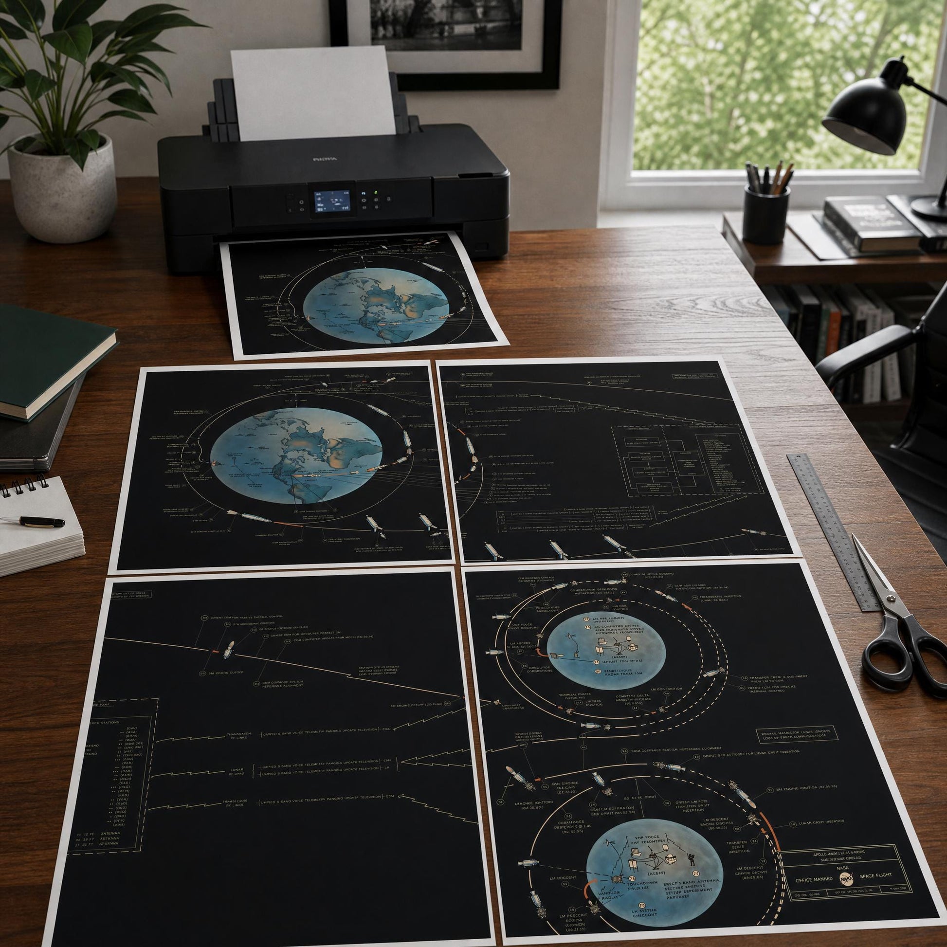 Vintage NASA Apollo 11 infographic wall art printable featuring lunar landing sequence, spacecraft trajectory maps, and classic space exploration aesthetics