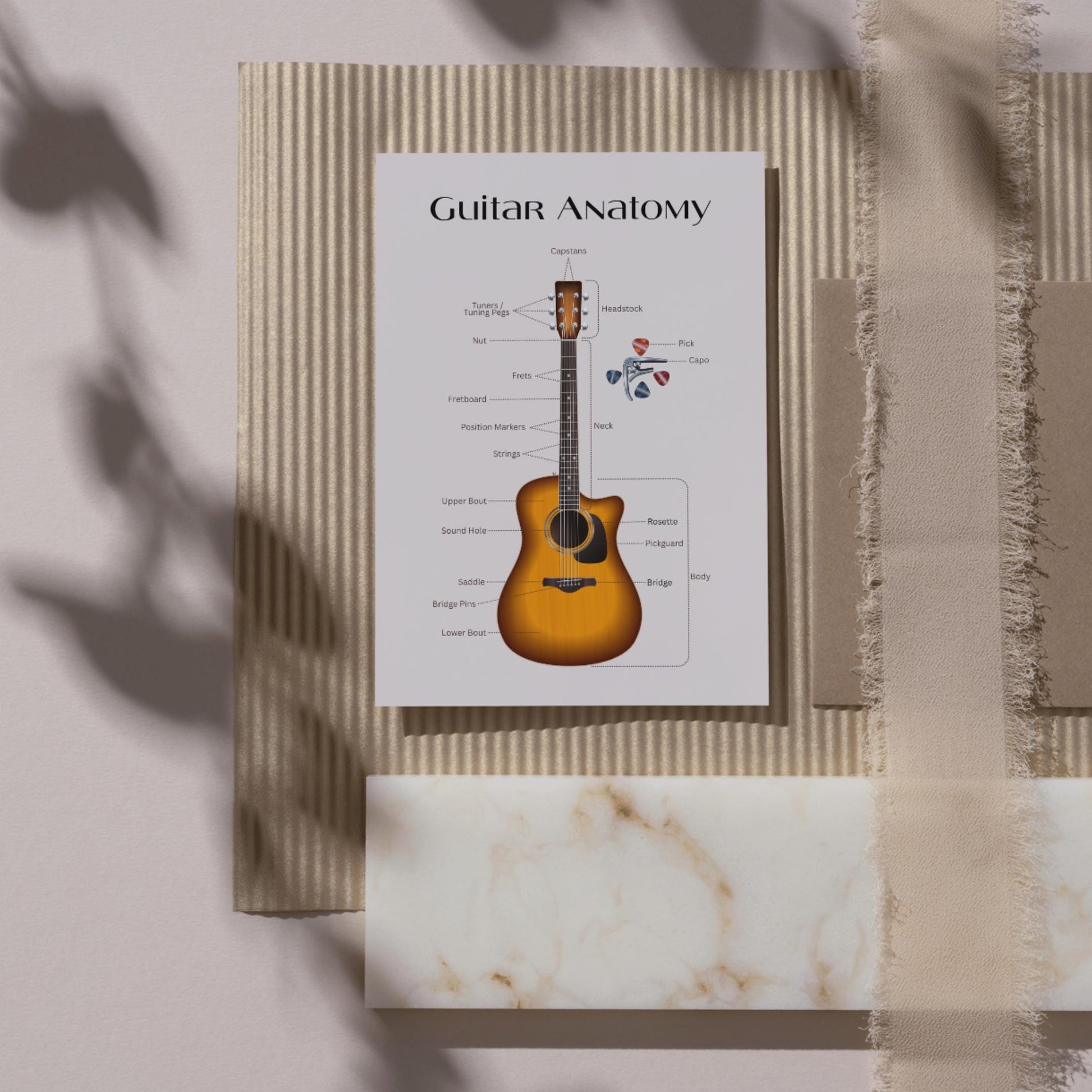 Printable guitar structure learning poster with clear visual breakdown of acoustic guitar parts, designed for early music education and teaching support