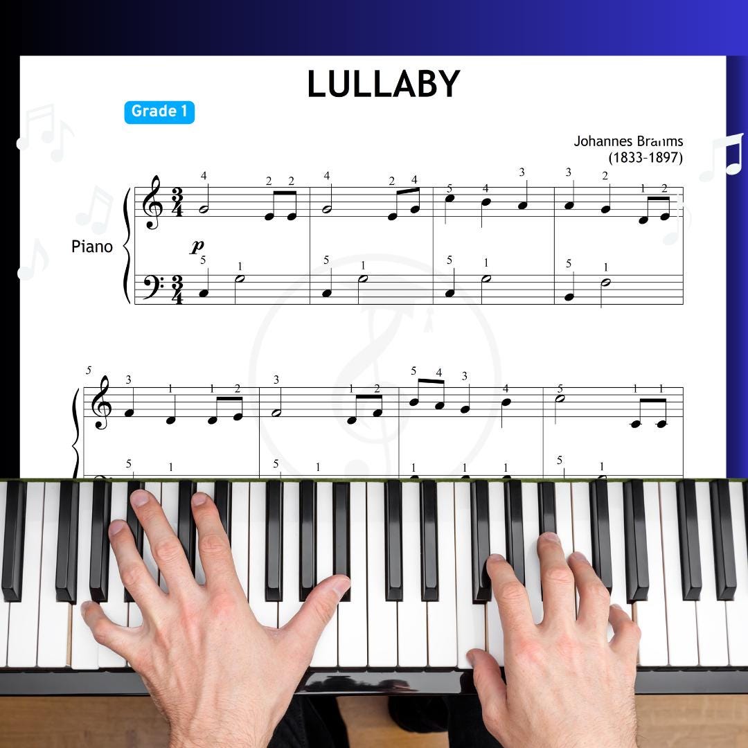 Brahms Lullaby (Wiegenlied, Op.49 No.4) by Johannes Brahms downloadable and simplified piano sheet music PDF, Grade 1 easy version with finger numbers, note names, color-coded notes, MP3 demo, and tutorial video, perfect for beginner pianists and teachers.