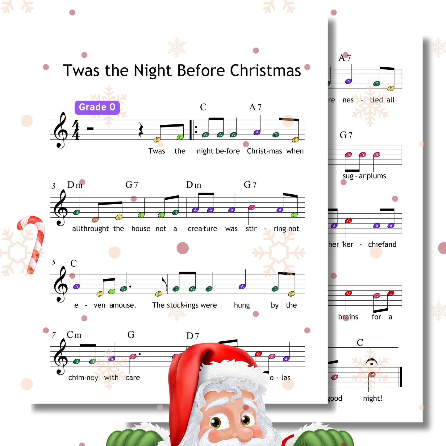 Twas the Night Before Christmas - Grade 0 Simplified Very Easy Piano Sheet | Color Notes Christmas Music
