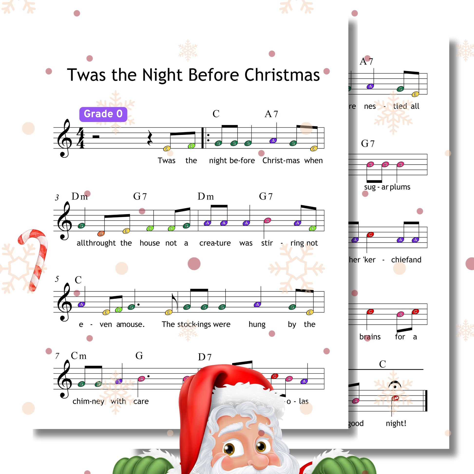 Twas the Night Before Christmas - Grade 0 Simplified Very Easy Piano Sheet | Color Notes Christmas Music