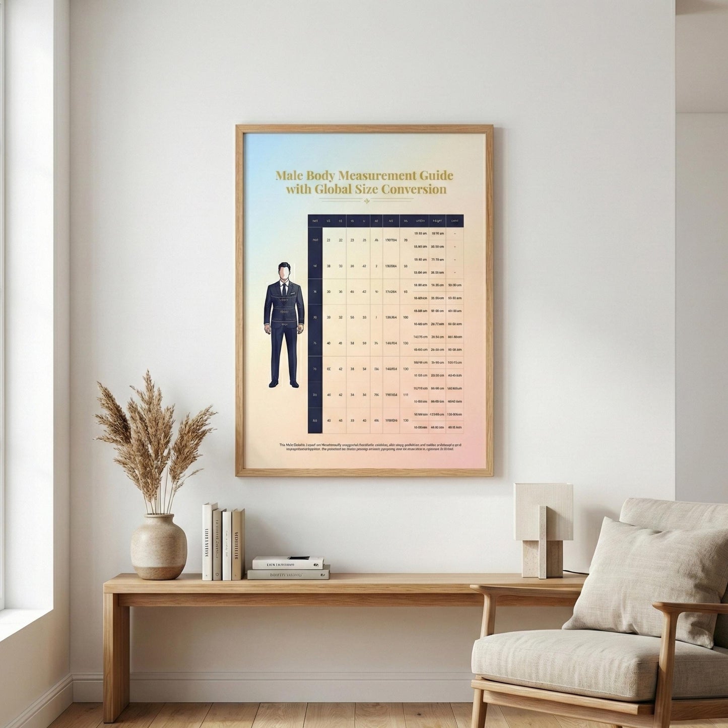 Male Body Measurement Chart – Global Clothing Size Conversion Guide presented as a high-resolution printable and tablet-ready chart designed to reduce sizing confusion across global menswear standards.