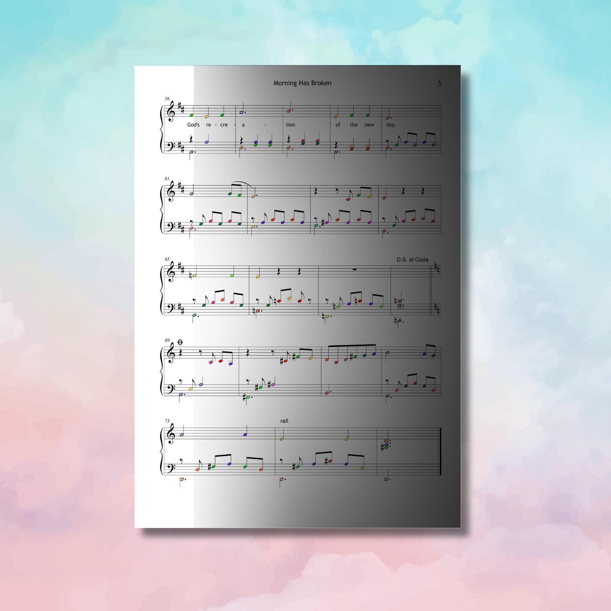 Morning Has Broken simplified sheet music for piano, Grade 2 color-note and lyric version, printable PDF for beginners and morning recitals.