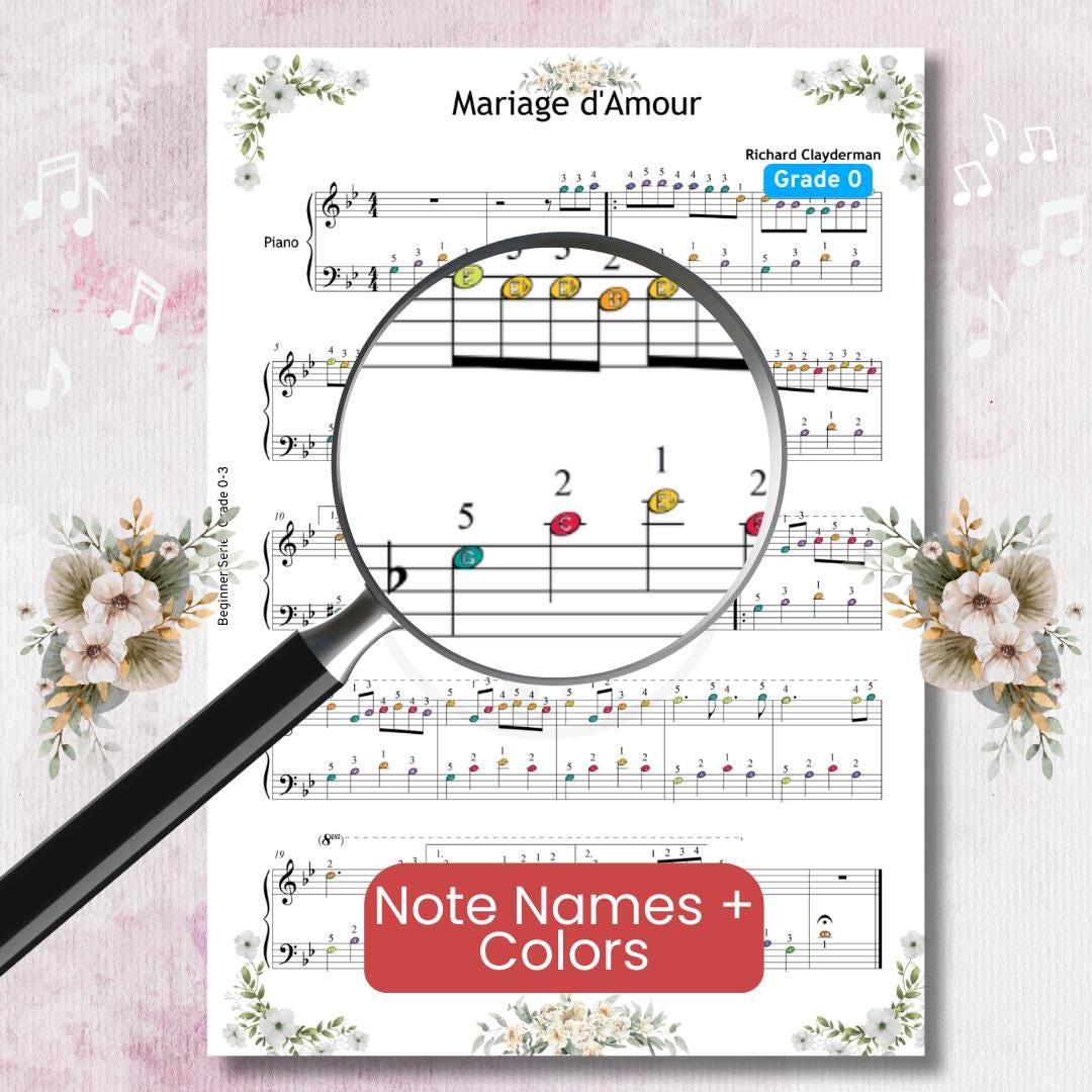 Marriage D'Amour easy piano sheet music PDF cover image showing Grade 3 arrangement by Richard Clayderman with icons for colored notes, note names, MP3 audio, demo video, instant digital download, and tablet compatibility.