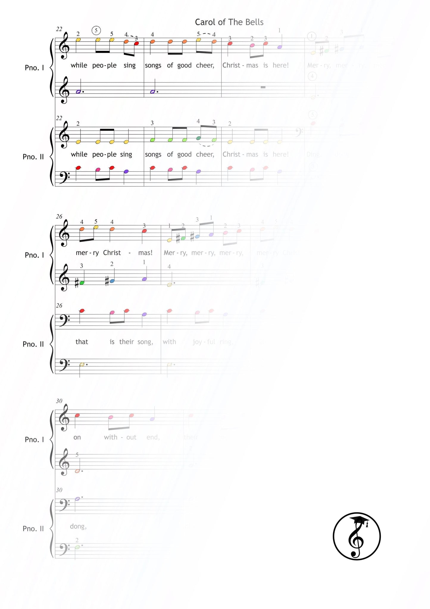 Carol of the Bells by Mykola Leontovych downloadable and simplified piano sheet music PDF arranged for beginner four-hand performance, featuring festive visual aids, tablet-ready PNGs, MP3 demo, and AI-guided MP4 tutorial to help new pianists play together.