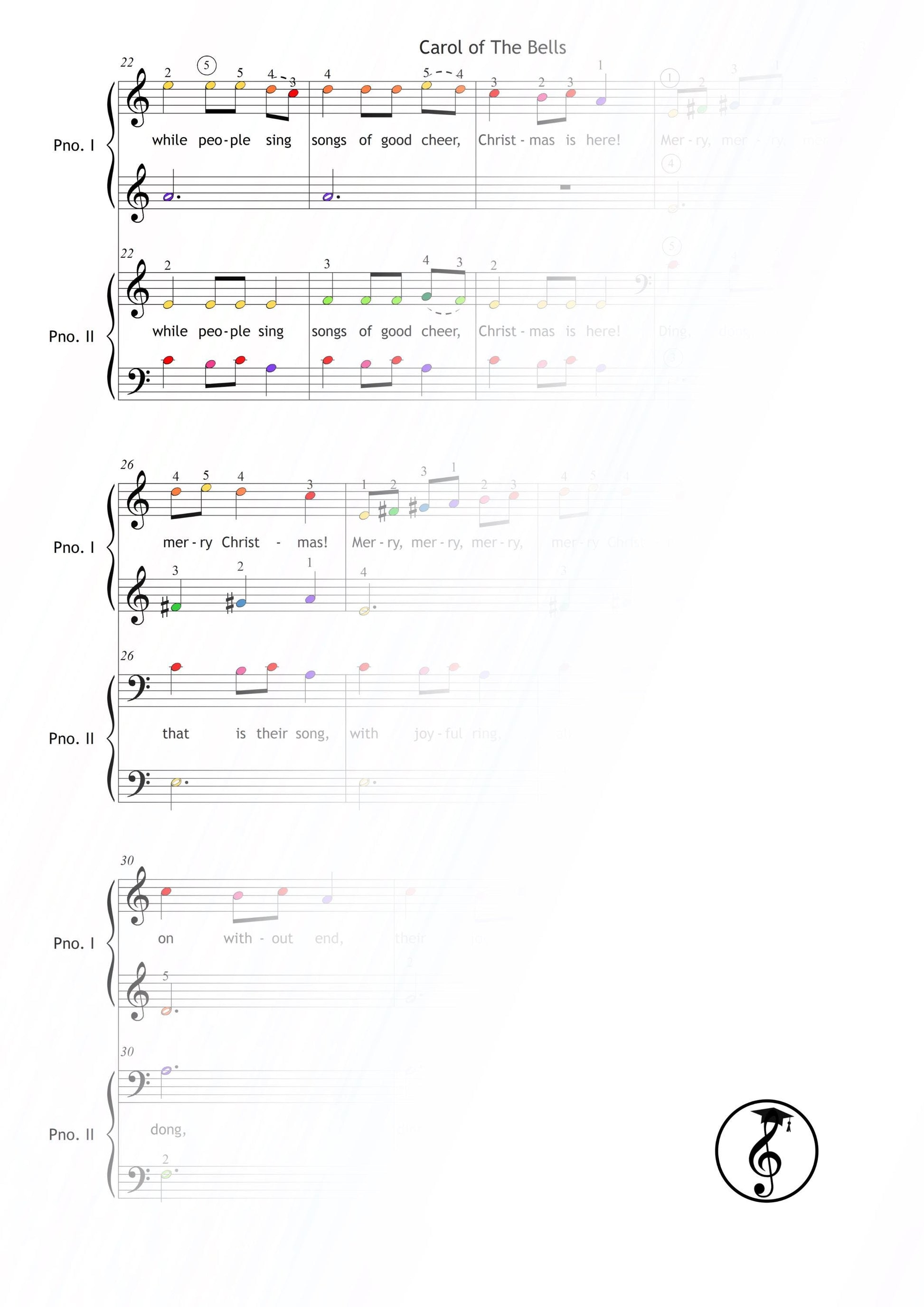 Carol of the Bells by Mykola Leontovych downloadable and simplified piano sheet music PDF arranged for beginner four-hand performance, featuring festive visual aids, tablet-ready PNGs, MP3 demo, and AI-guided MP4 tutorial to help new pianists play together.