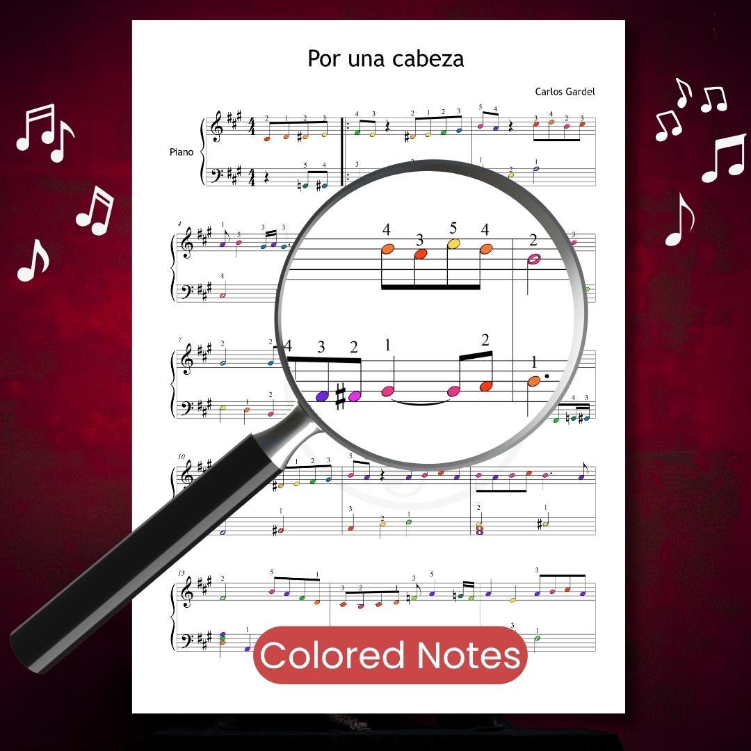 Por una Cabeza by Carlos Gardel downloadable and simplified piano sheet music PDF in a color-coded Grade 4–5 edition highlighting visual cues, finger-number placement, and optional note names, engraved from manuscript sources for improved articulation and musical expression.