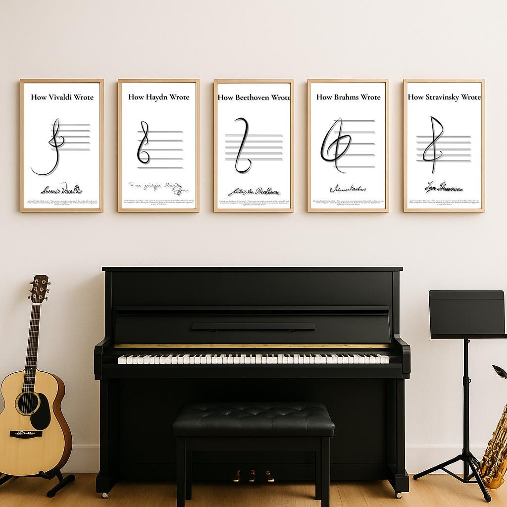 Vintage Music Manuscript Poster Set featuring treble clefs and authentic signatures of Vivaldi, Bach, Haydn, Mozart, Beethoven, Schubert, Brahms, Debussy, Stravinsky, Shostakovich. Perfect printable gift for musicians, pianists, and music enthusiasts.