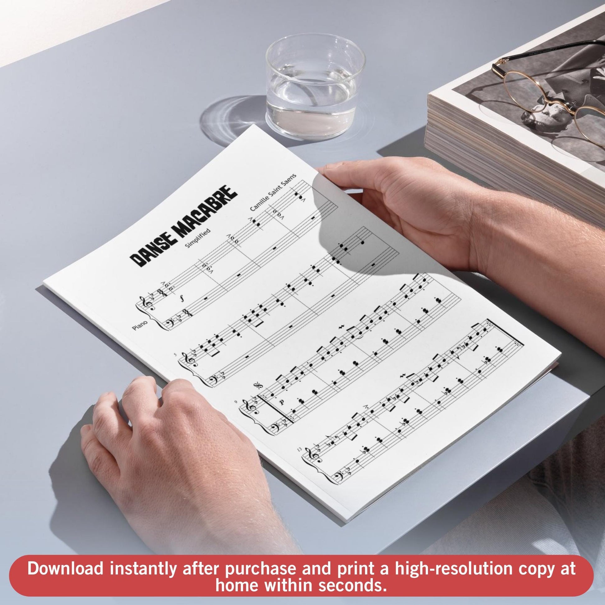 Danse Macabre simplified piano arrangement Grade 1–2, beginner Halloween sheet music PDF by Saint-Saëns, includes note-named and color-supported editions, MP3 demo track, and MP4 guided video tutorial.