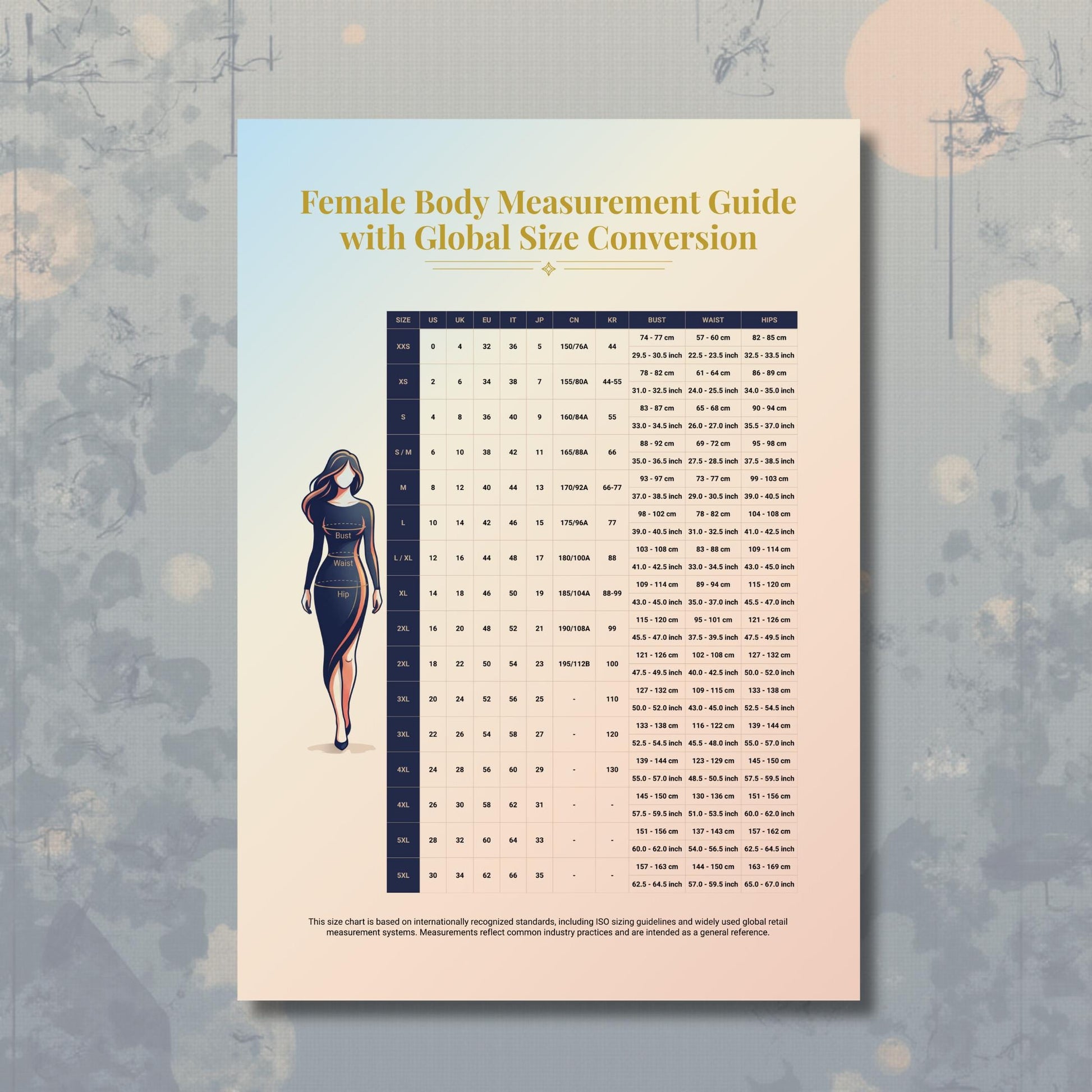 Female Body Measurement Guide with Global Size Conversion displayed as a clean, minimalist size chart showing a female body illustration alongside international clothing sizes, including US, UK, EU, IT, JP, CN, and KR, with bust, waist, and hip measurements in both centimeters and inches. 
Female Body Measurement Guide with Global Size Conversion displayed as a comprehensive women’s sizing guide with a minimalist layout, global conversion table, and visual measurement reference designed