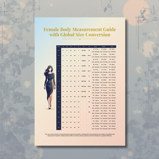 Female Body Measurement Guide with Global Size Conversion displayed as a clean, minimalist size chart showing a female body illustration alongside international clothing sizes, including US, UK, EU, IT, JP, CN, and KR, with bust, waist, and hip measurements in both centimeters and inches. 
Female Body Measurement Guide with Global Size Conversion displayed as a comprehensive women’s sizing guide with a minimalist layout, global conversion table, and visual measurement reference designed