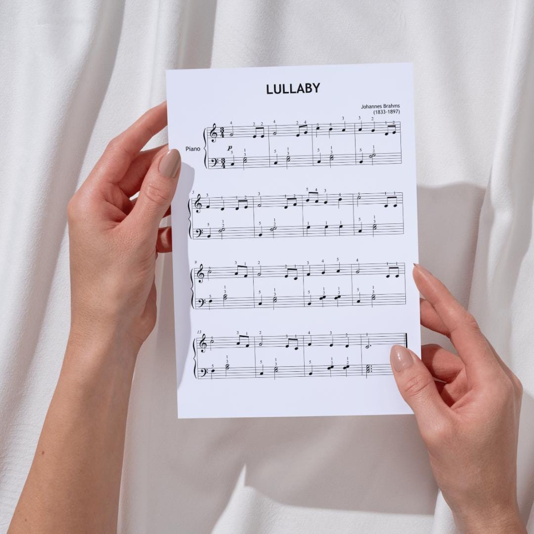 Brahms Lullaby Piano Sheet - Grade 2 Digital PDF with Finger Numbers, Color Notes, Note Names, MP3 and Video