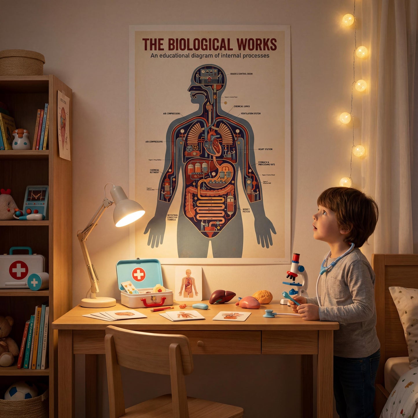 Retro anatomy wall art printable presenting the human body like an engineered system, combining biology and mechanical design with labeled processes, clean typography, and muted vintage colors suitable for classrooms and offices.