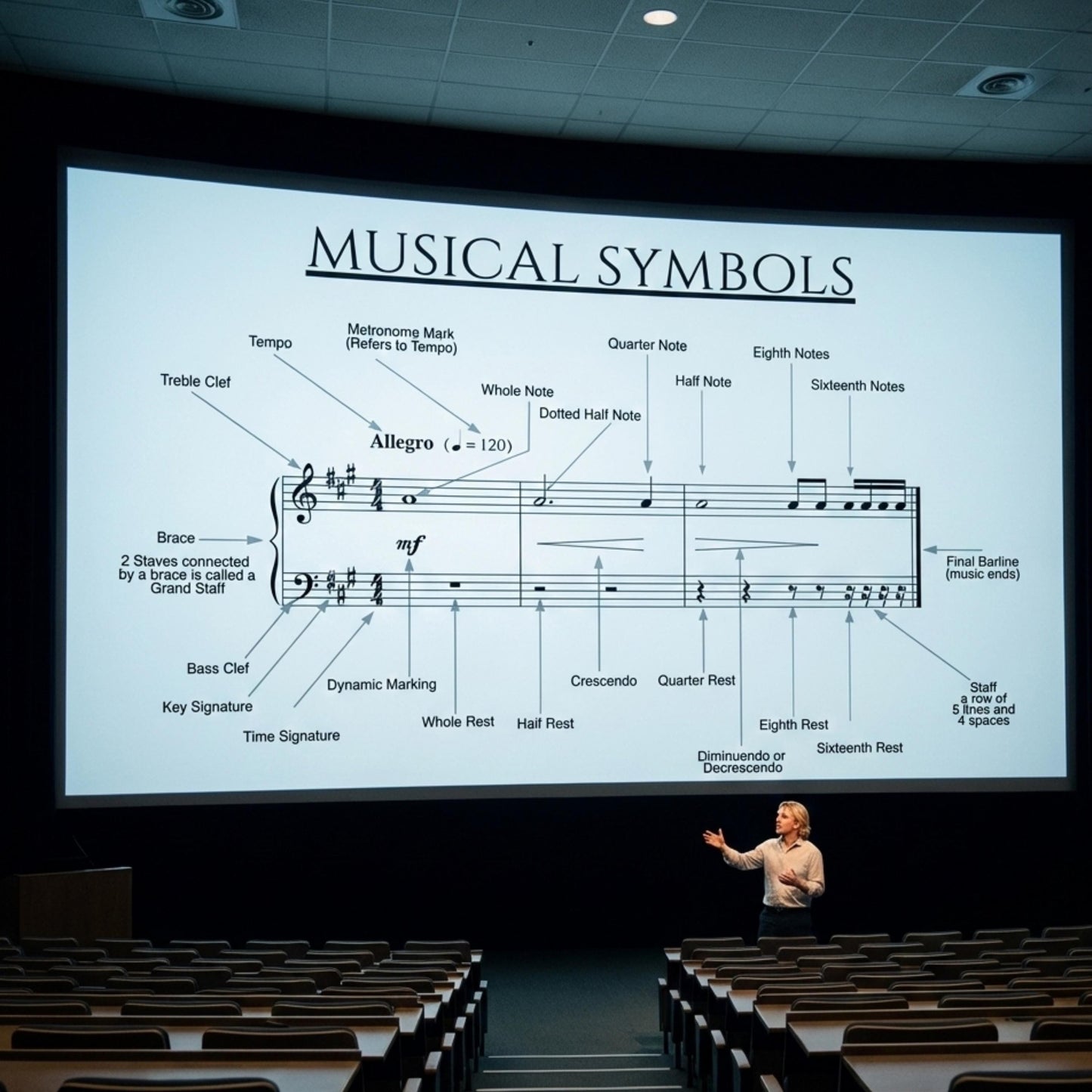 Musical Symbols Chart beginner music theory reference presented as a classroom-ready visual guide featuring clefs, rhythmic symbols, dynamics, tempo terms, and articulations shown in musical context, created for teachers to use as a wall chart, lesson aid, or student handout.