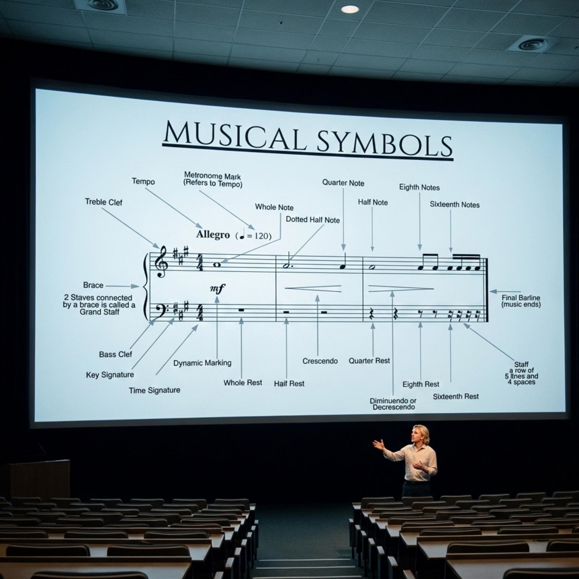 Musical Symbols Chart beginner music theory reference presented as a classroom-ready visual guide featuring clefs, rhythmic symbols, dynamics, tempo terms, and articulations shown in musical context, created for teachers to use as a wall chart, lesson aid, or student handout.